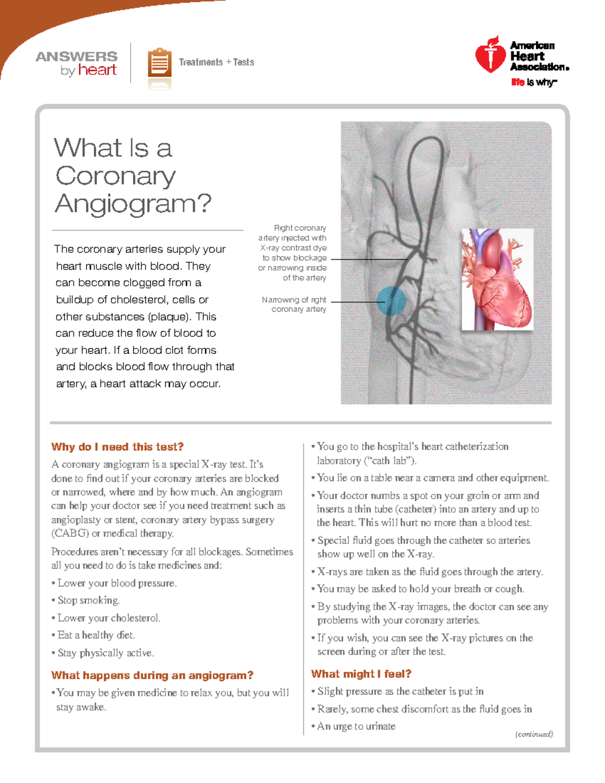 What Is a Coronary Angiogram - (continued) Why do I need this test? A ...