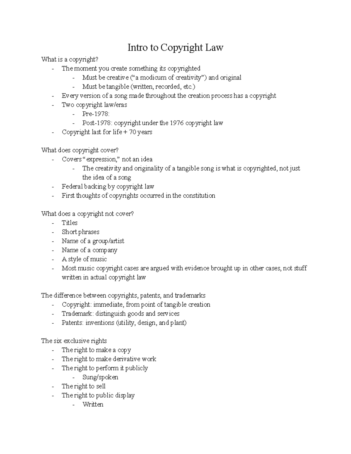 Intro to Copyright Law - notes - Intro to Copyright Law What is a ...