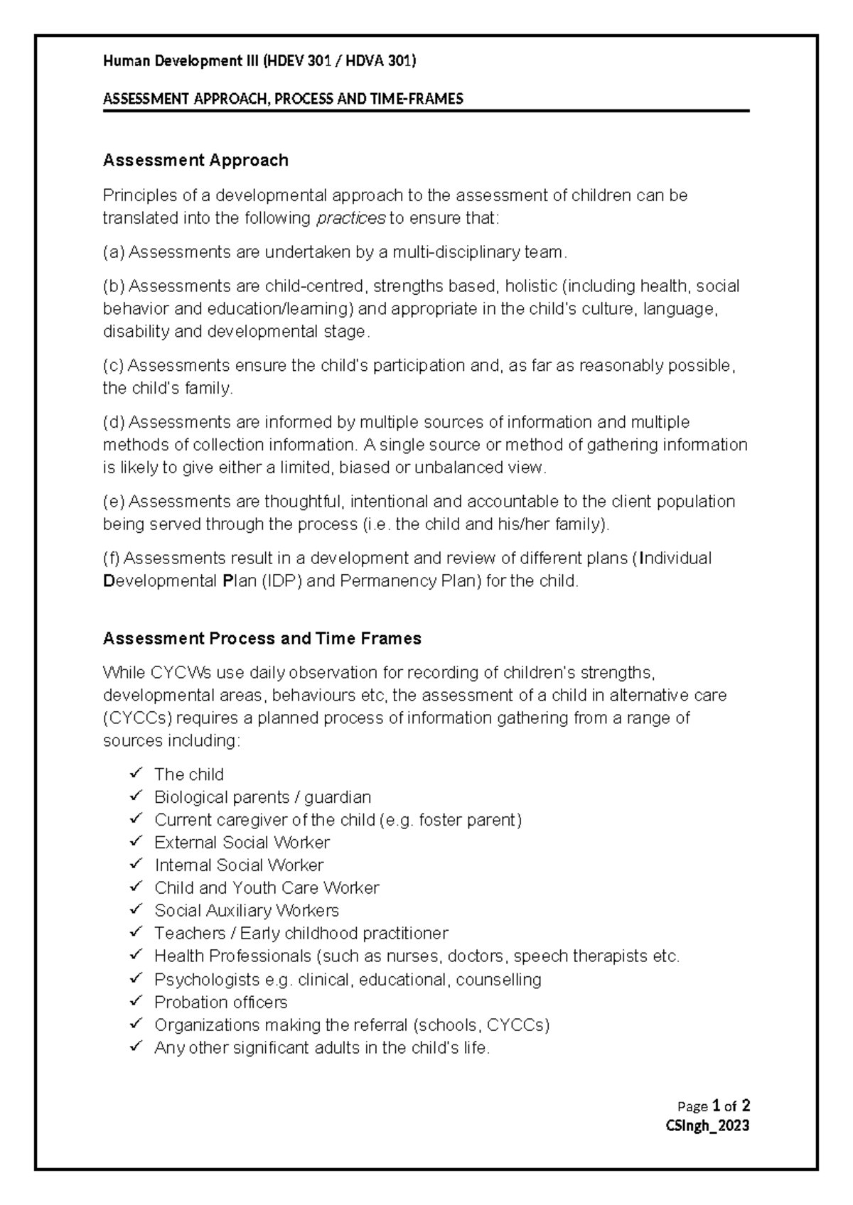 Assessment Approach, Process and Time-frames - Human Development III ...