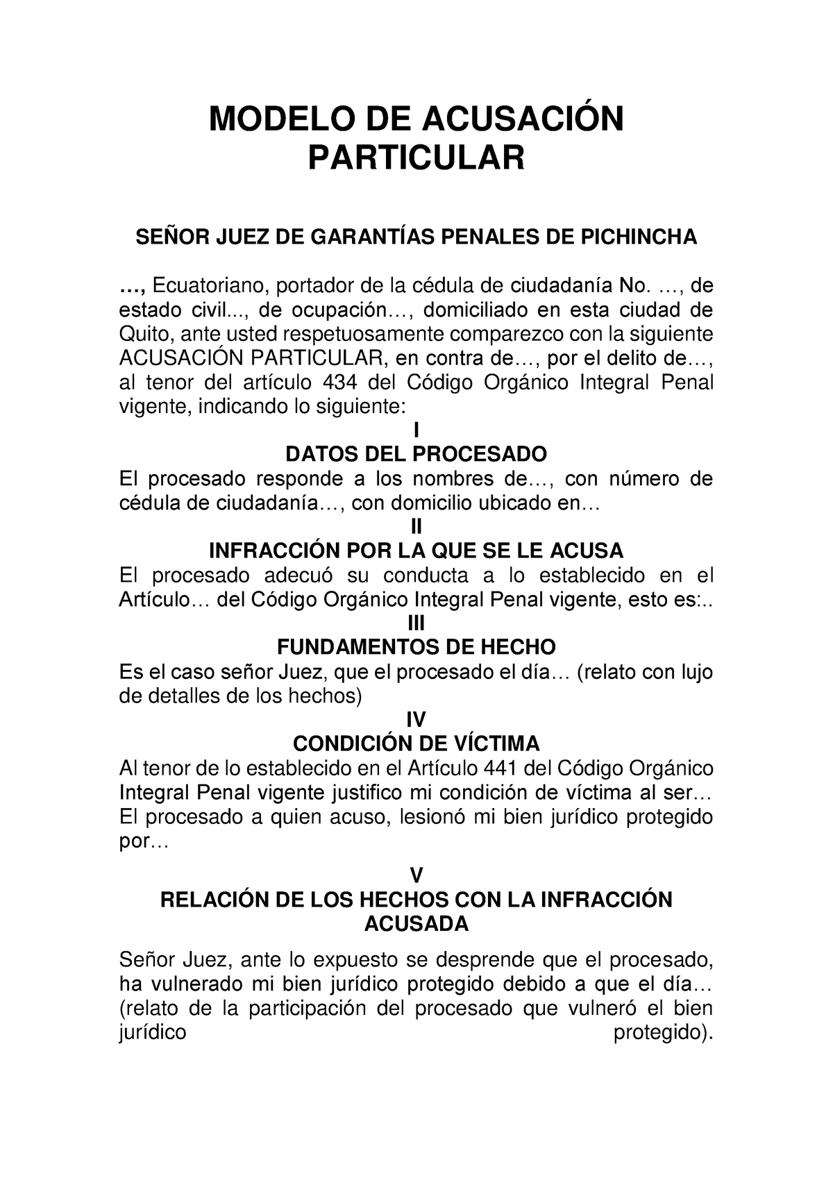 Modelo De Acusación Particular Dr Eduardo Franco Loor Modelo De AcusaciÓn Particular SeÑor 4834