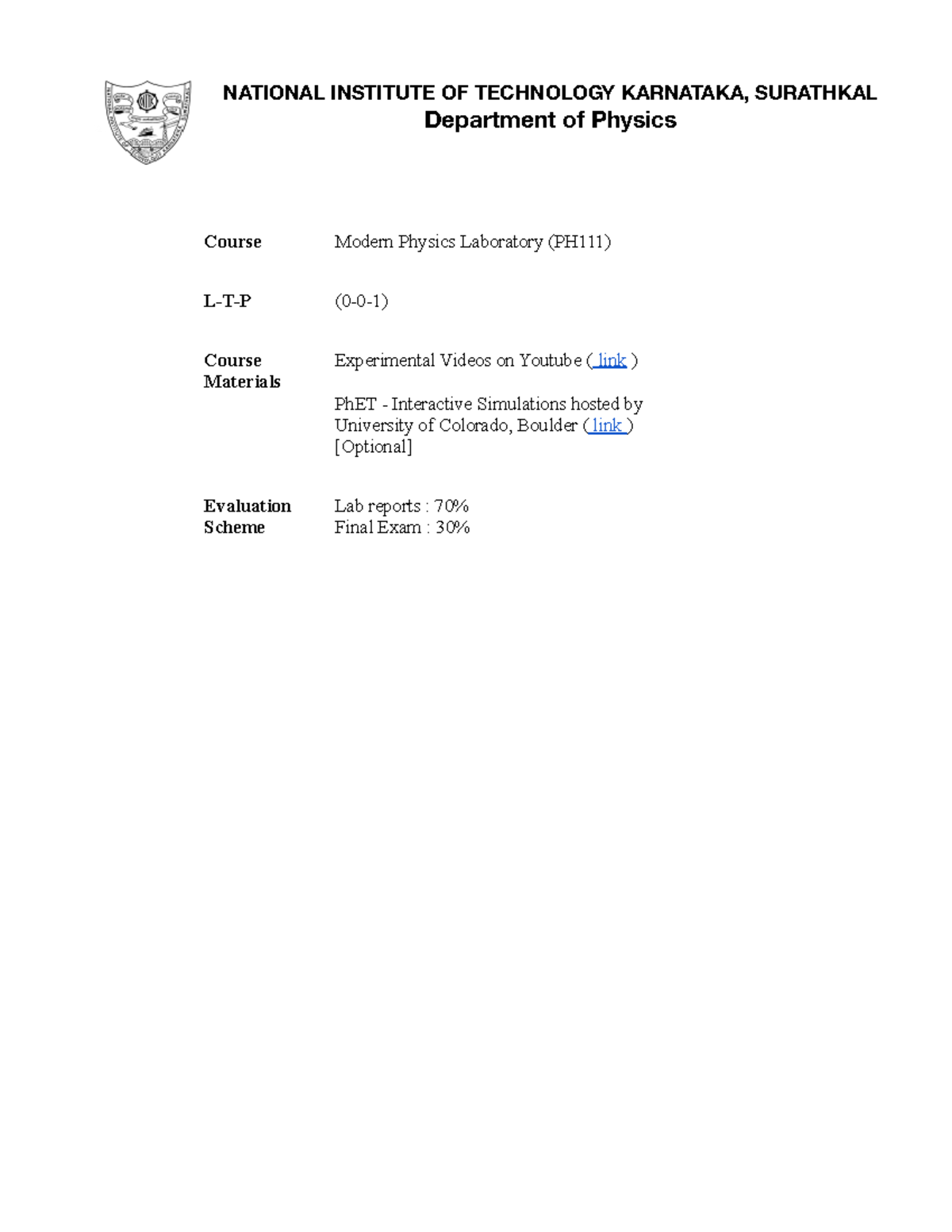 Ph111 lab manual Lab time table NATIONAL INSTITUTE OF TECHNOLOGY