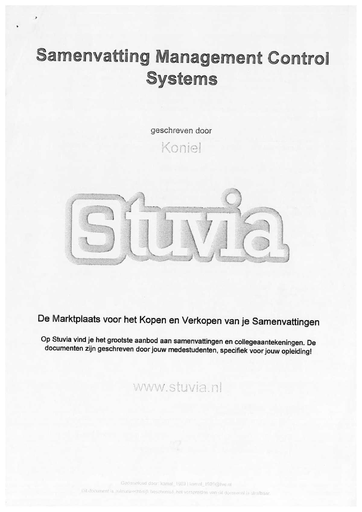 Samenvatting Management Control Systems Stuvia - Studeersnel