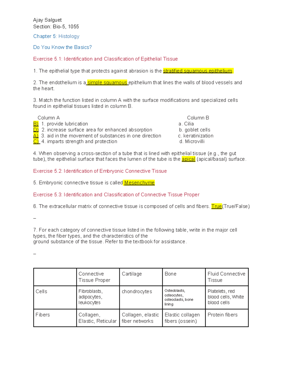 Week 2 Assignments Ajay Salguet Section Bio5, 1055 Chapter 5 Histology POSTLABORATORY