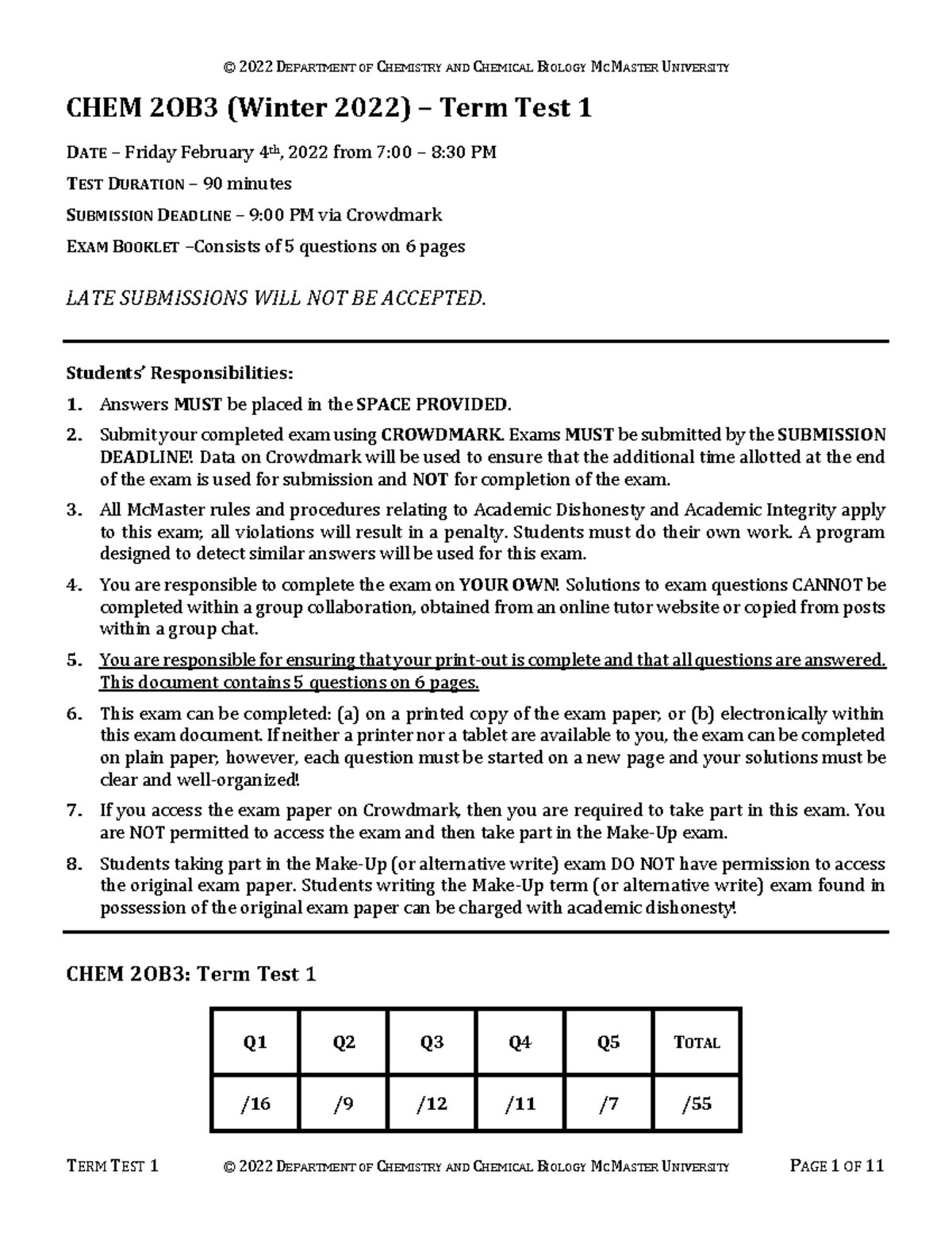 2OB3 Term Test 1 Winter 2022 Answer Key - CHEM 2OB3 (Winter 2022 ...
