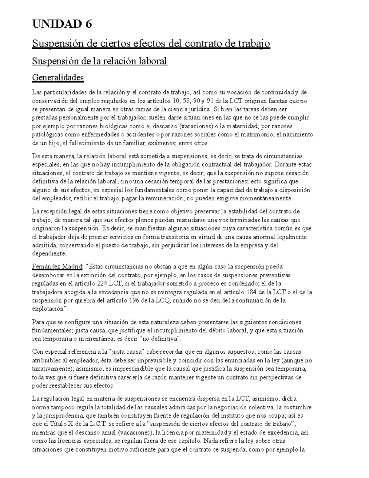 Derecho Laboral Segundo Parcial Unidad 6 - UNIDAD 6 Suspensión de ...