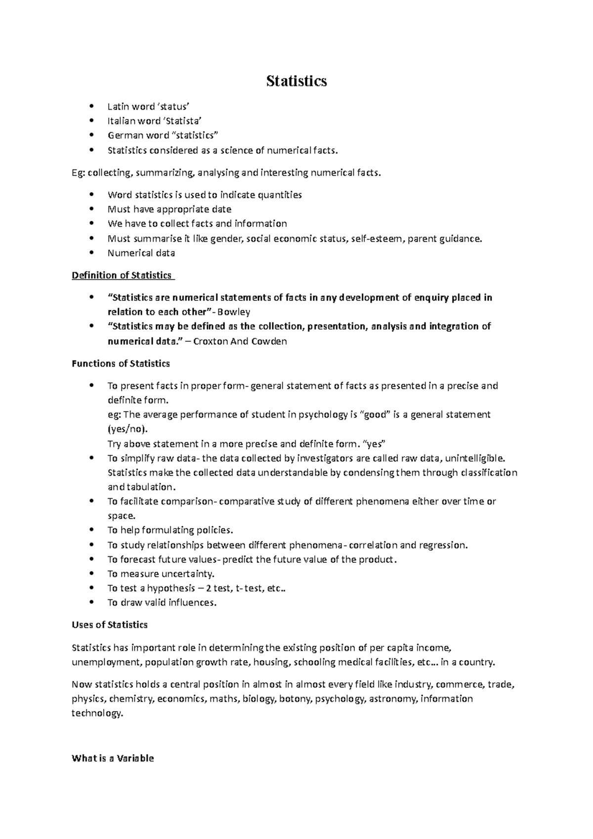 Statistics sums Statistics Latin word ‘status’ Italian word ‘Statista