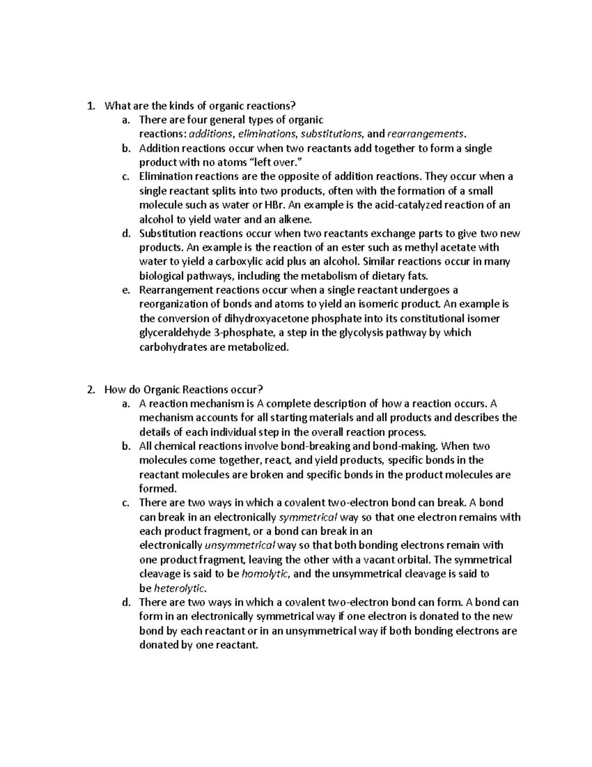 Chapter 6 Notes An Overview of Organic Reactions - What are the kinds ...