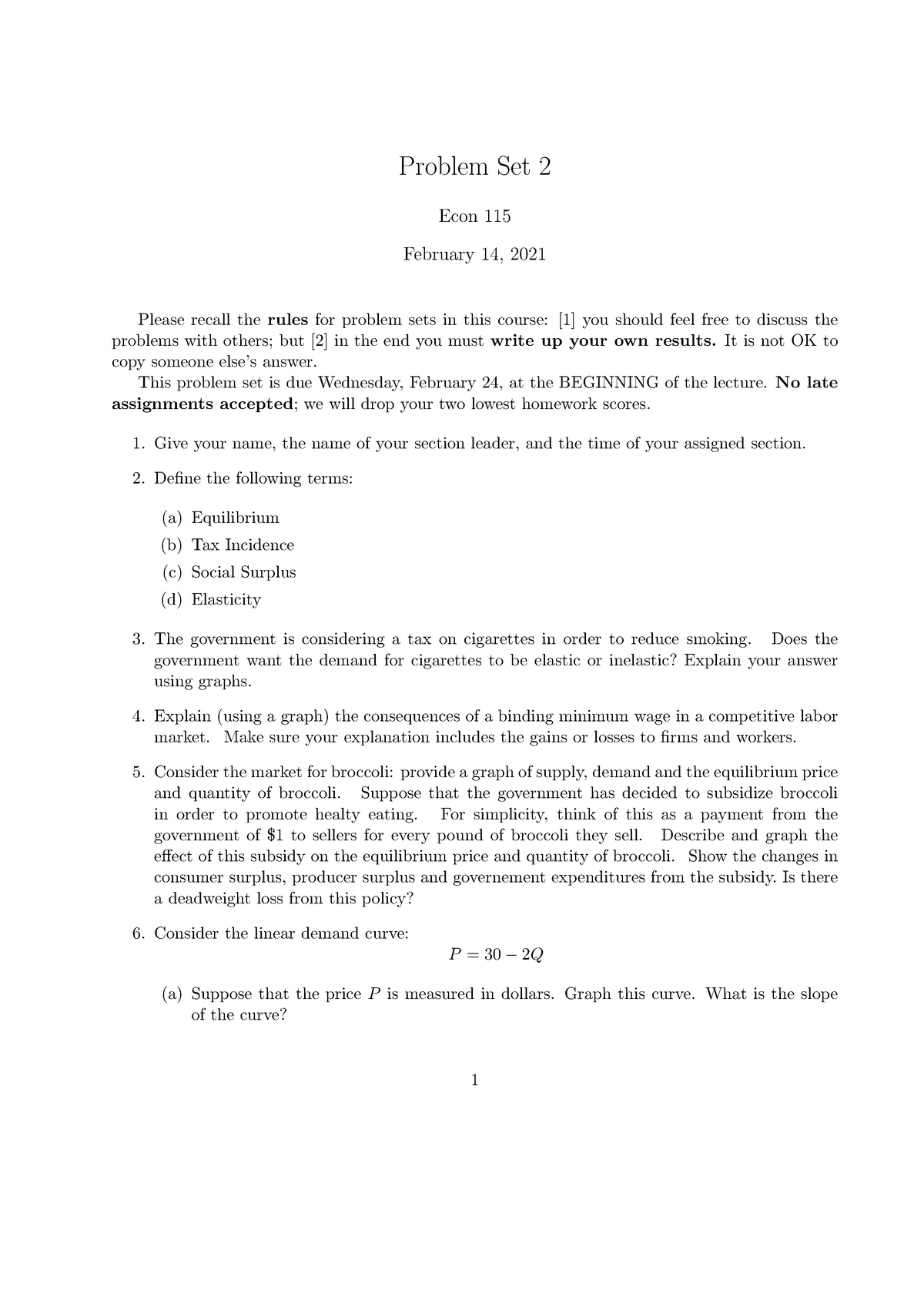 PS2 Problem Set 2 - Problem Set 2 Econ 115 February 14, 2021 Please ...