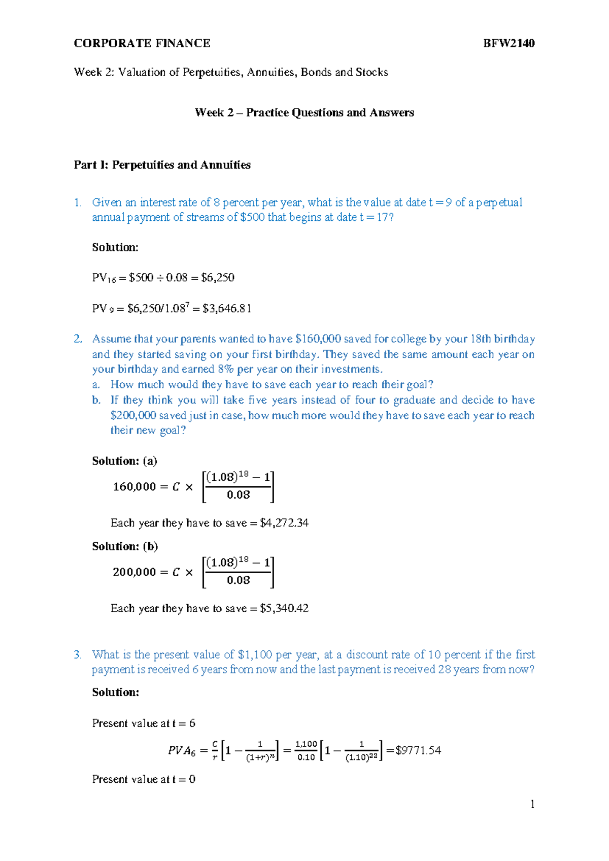 BFW 2140 Week 2 Practice Questions And Answers - CORPORATE FINANCE BFW ...