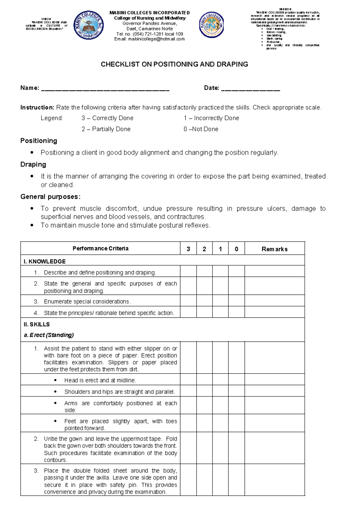 Positioning and Draping Checklist - MABINI COLLEGES INCORPORATED ...