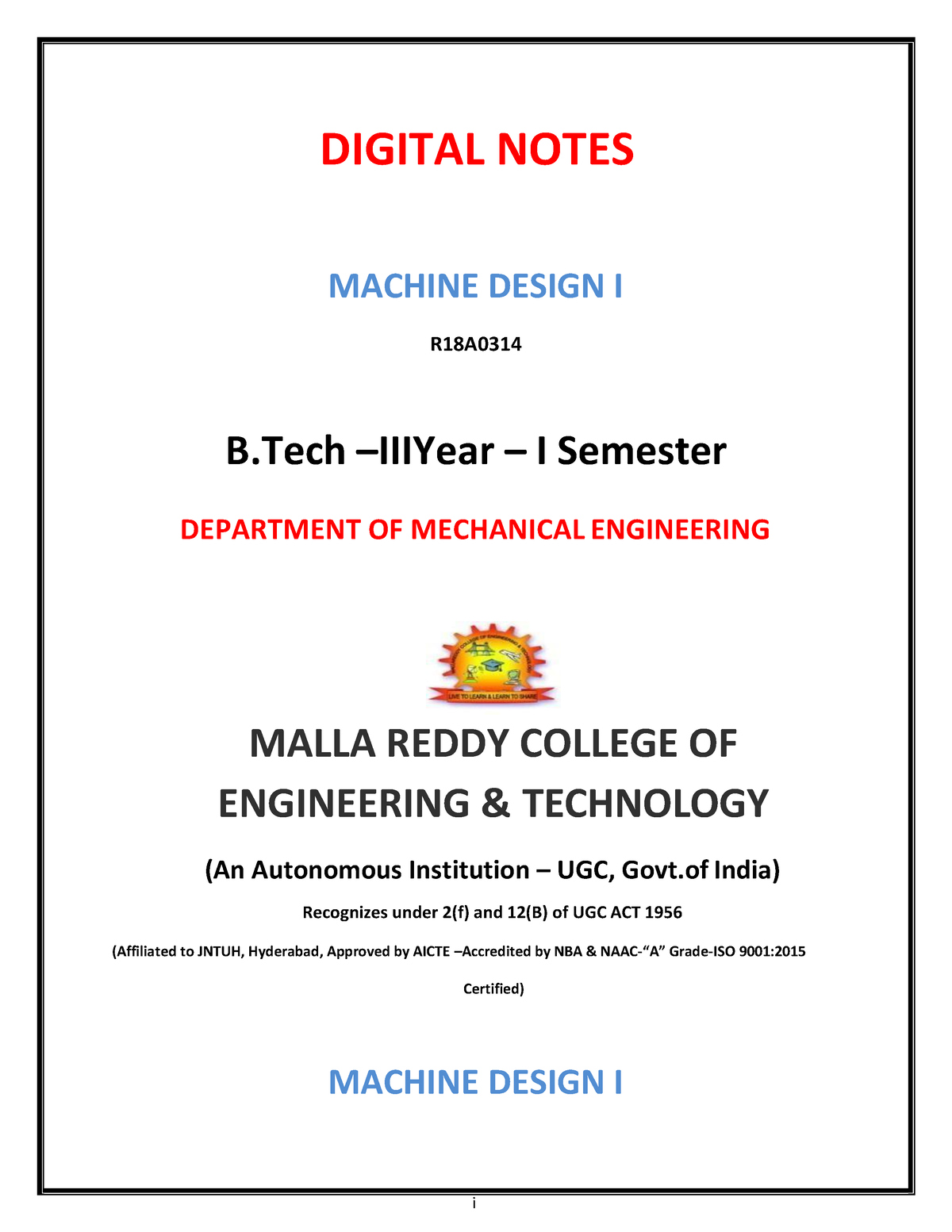 Machine Design – I - I DIGITAL NOTES MACHINE DESIGN I R18A B – IIIYear ...