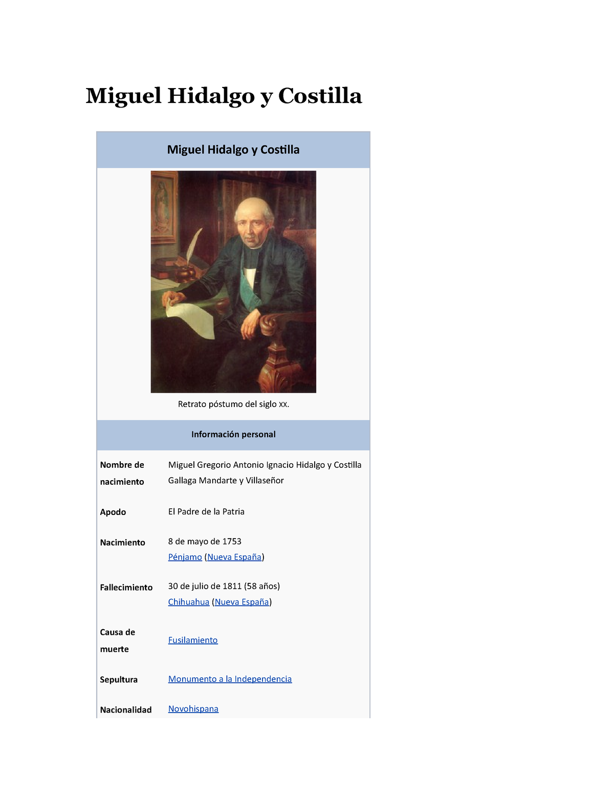 Biografia De Miguel Hidalgo Miguel Hidalgo Y Costilla Miguel Hidalgo