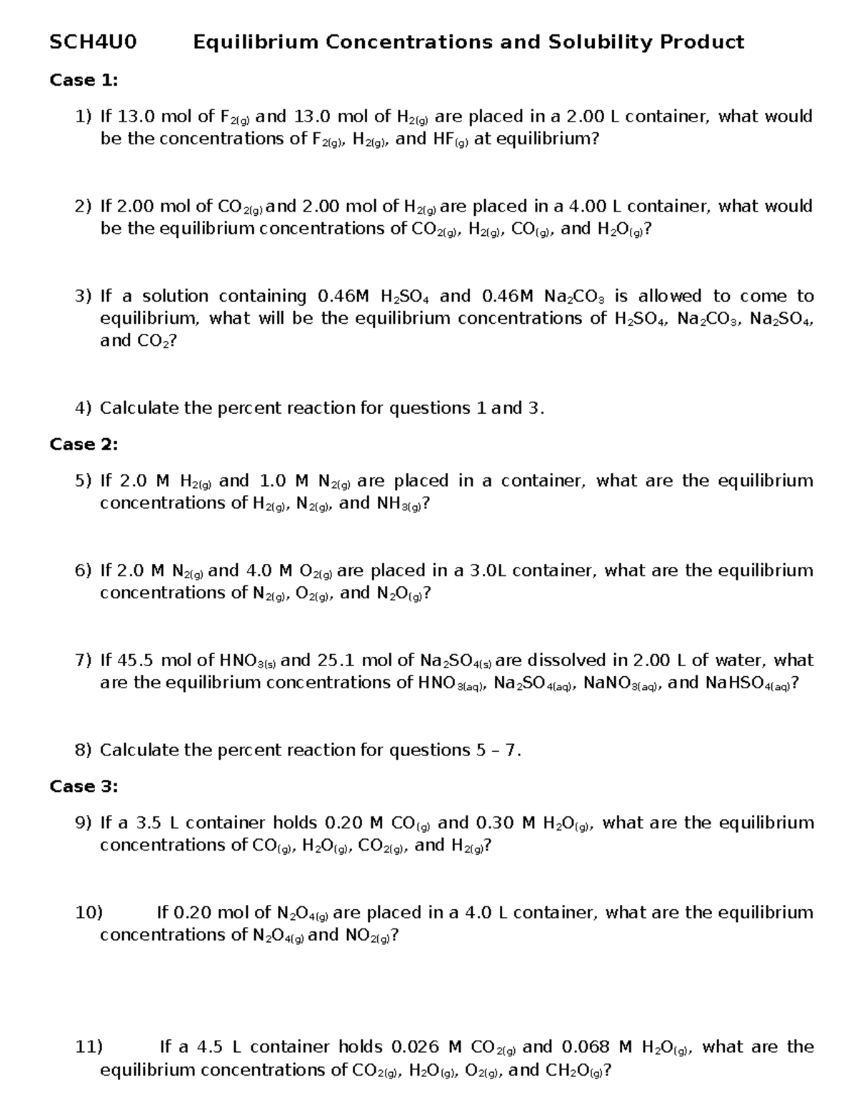 SCH4U0 - 3 - Worksheet 3 Equilibrium Concentrations and Solubility ...