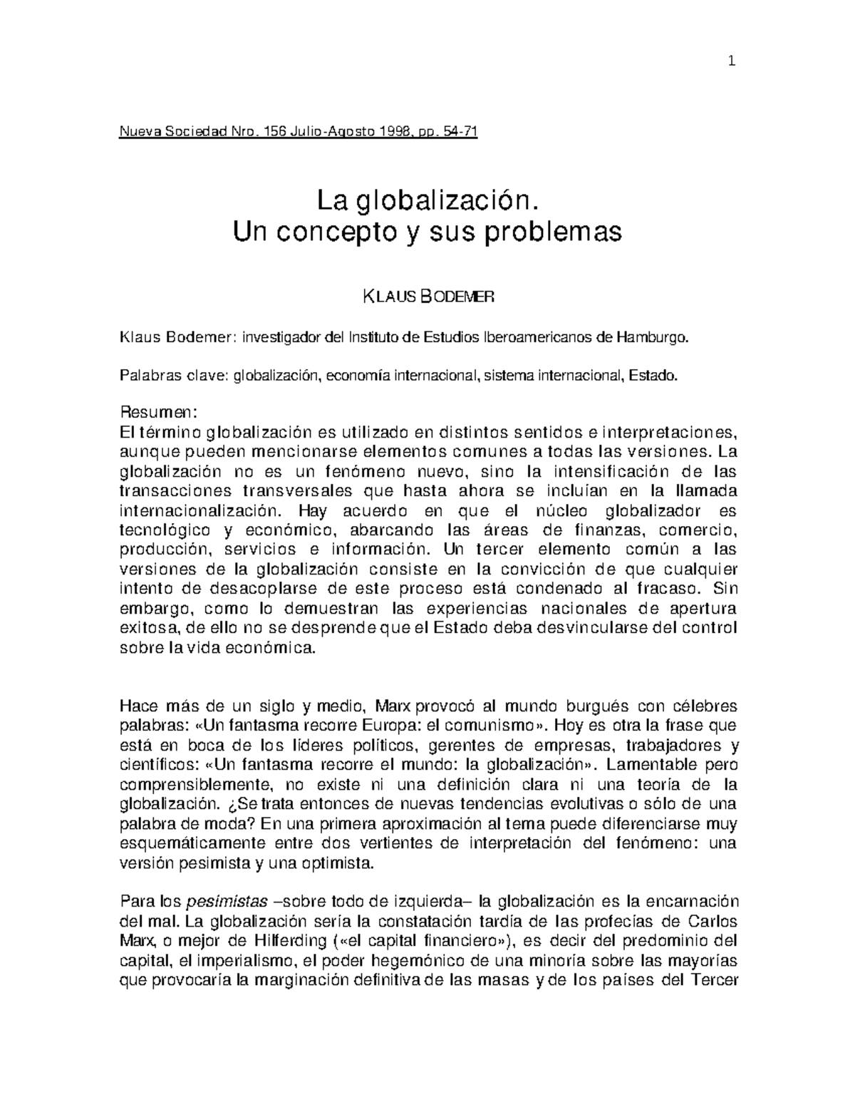 La Globalizacion Un Concepto Y Sus Problemas - Nueva Sociedad Nro. 156 ...