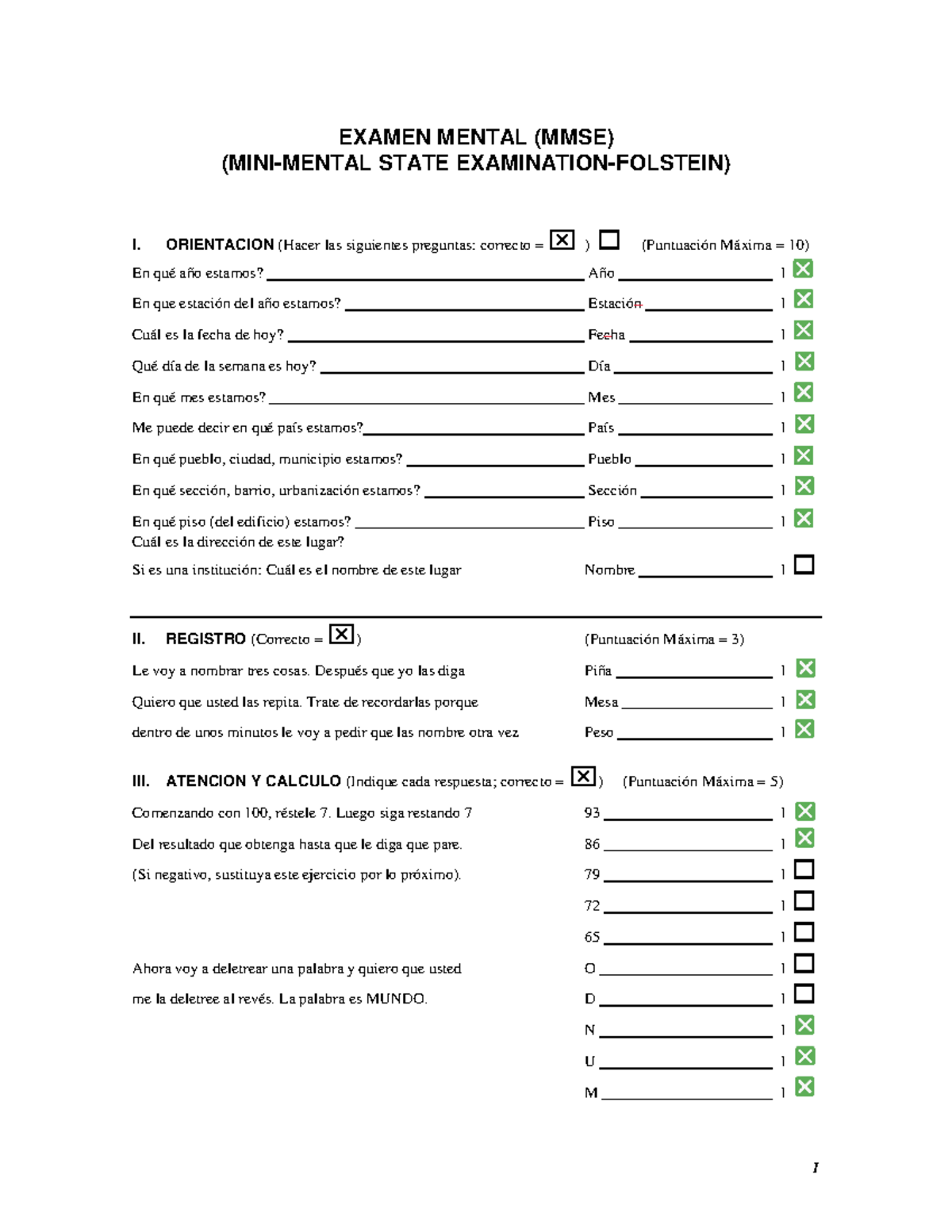 Mini Mental ++++++++ - 1 EXAMEN MENTAL (MMSE) (MINI-MENTAL STATE ...