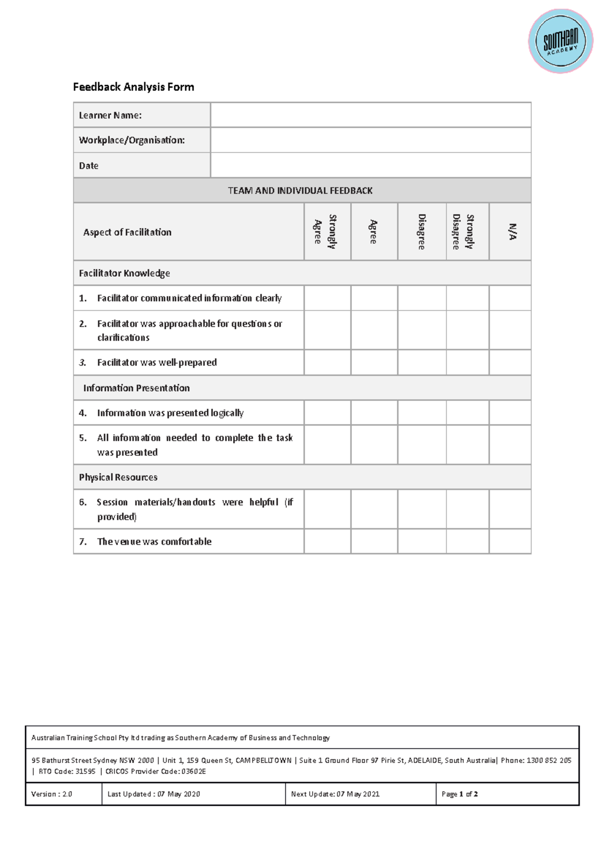 Bsbcrt 511 Feedback Analysis Form - Feedback Analysis Form Learner Name ...