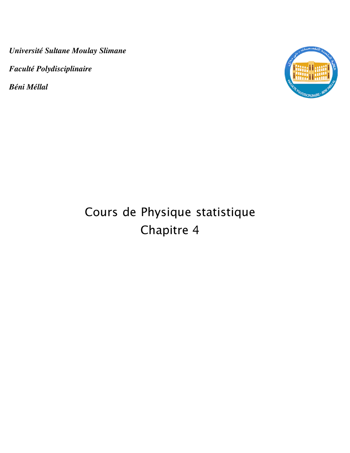 Cours De Physique Statistique Chapitre 4 - Université Sultane Moulay ...