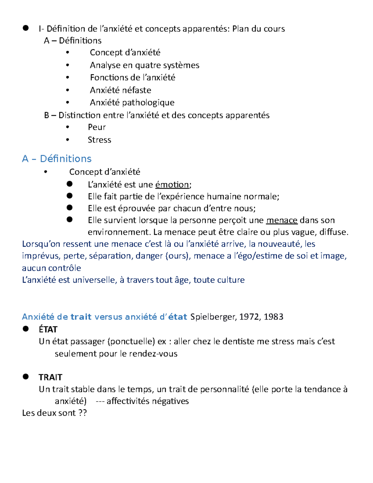 Cours 1 - Lecture notes 1 - I- Définition de l’anxiété et concepts ...