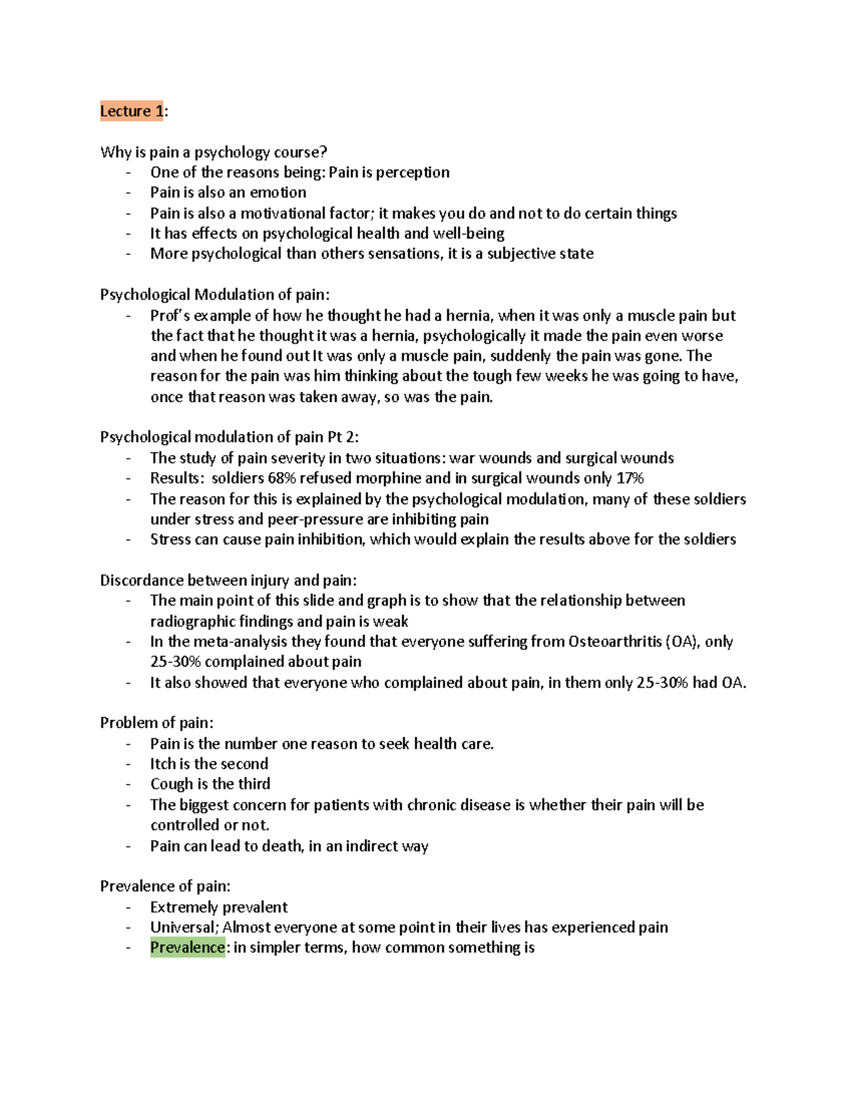 Psychology of pain lecture 1 notes - Lecture 1: Why is pain a ...