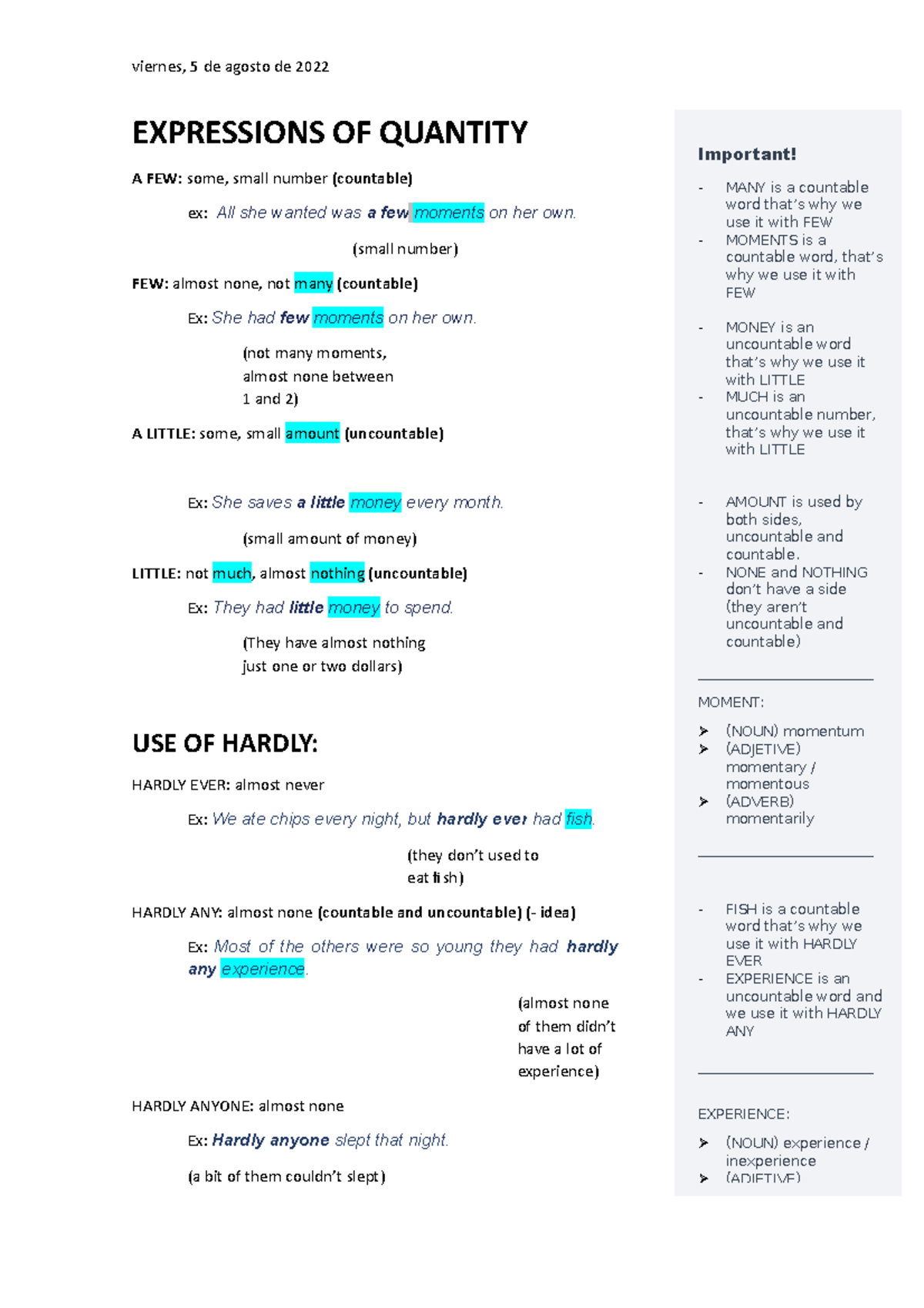 Expressions OF Quantity - viernes, 5 de agosto de 2022 EXPRESSIONS OF ...