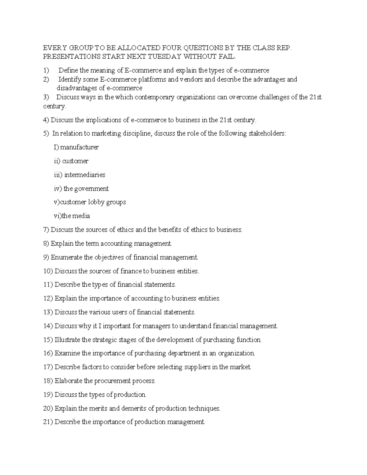 KBA 101 Intro TO Business Questions - EVERY GROUP TO BE ALLOCATED FOUR ...