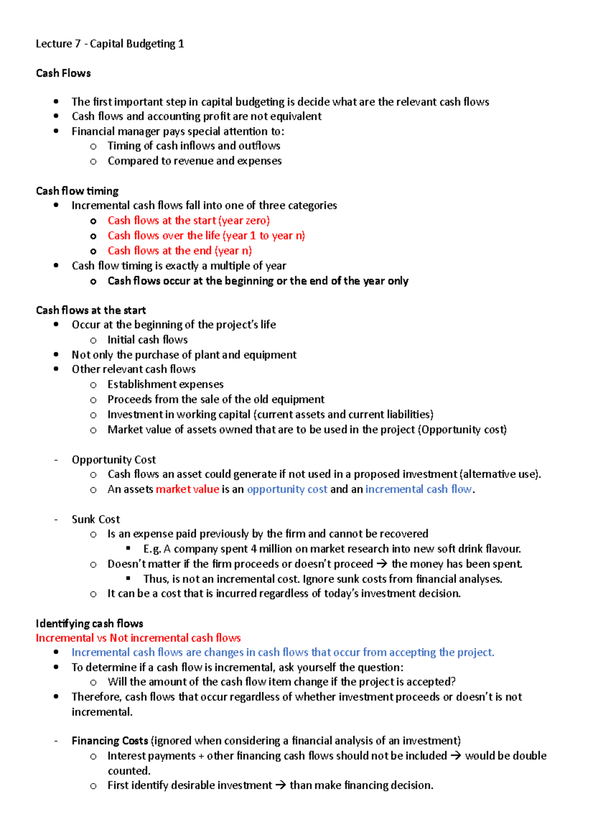 Lecture 7 - FBF - ... - Lecture 7 - Capital Budgeting 1 Cash Flows The ...