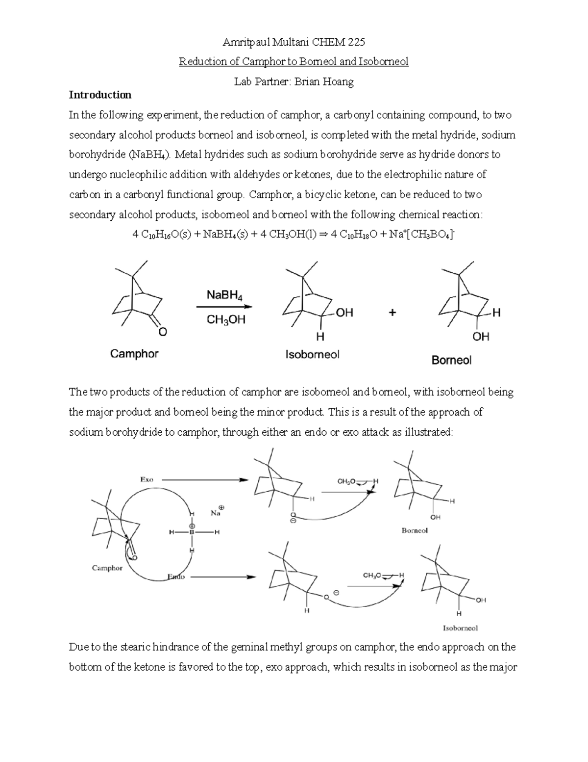 Orgo 2 Lab Report 1 - Amritpaul Multani CHEM 225 Reduction of Camphor ...