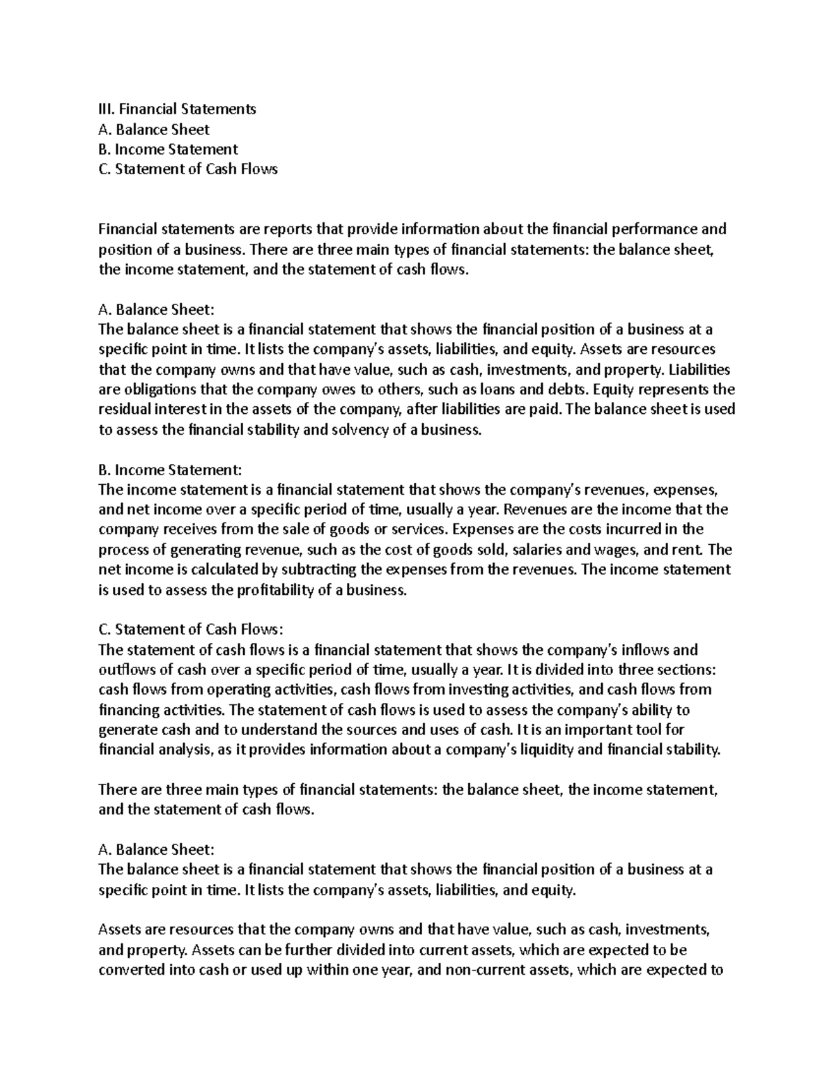 Financial Statements - III. Financial Statements A. Balance Sheet B ...