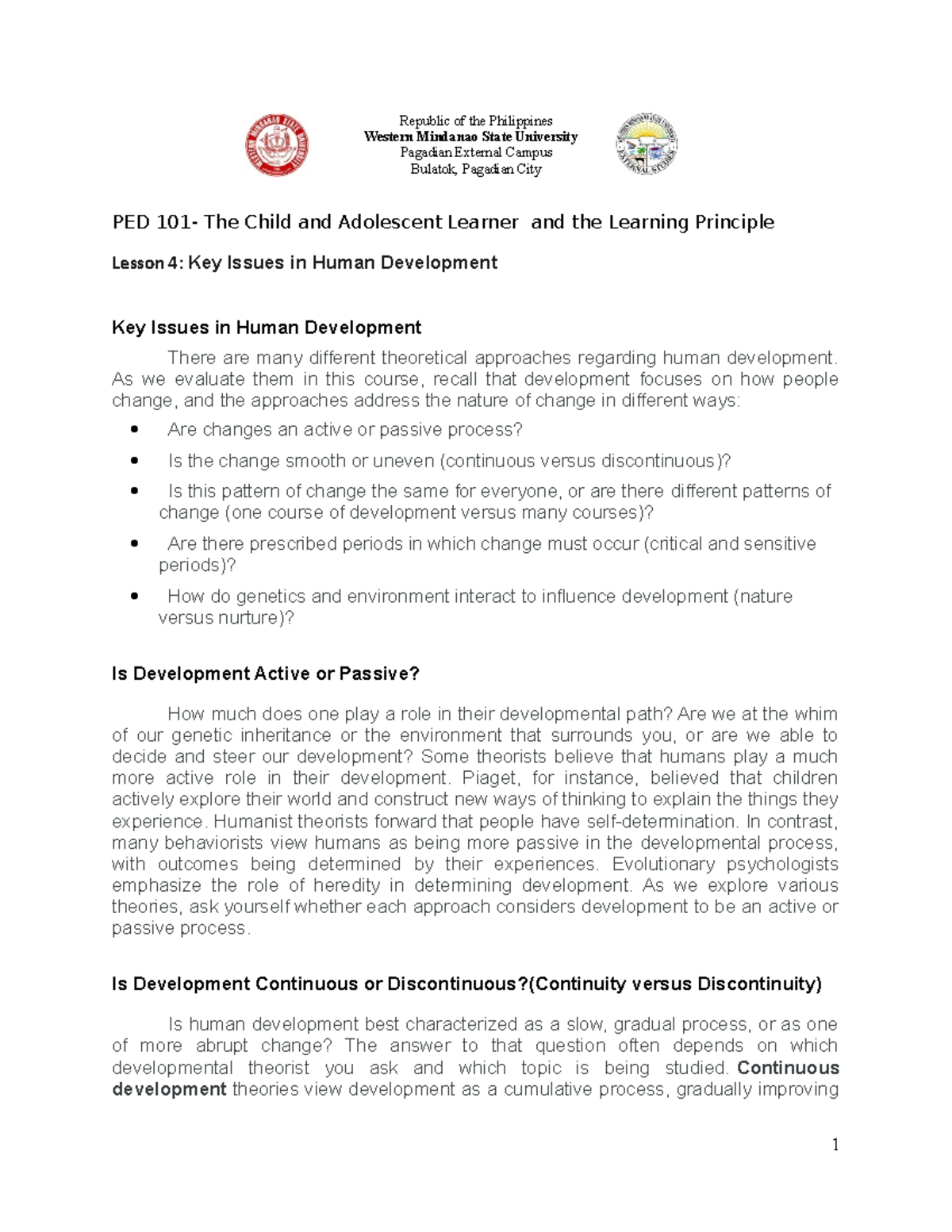 PED 101 Lesson 4 - Republic of the Philippines Western Mindanao State ...