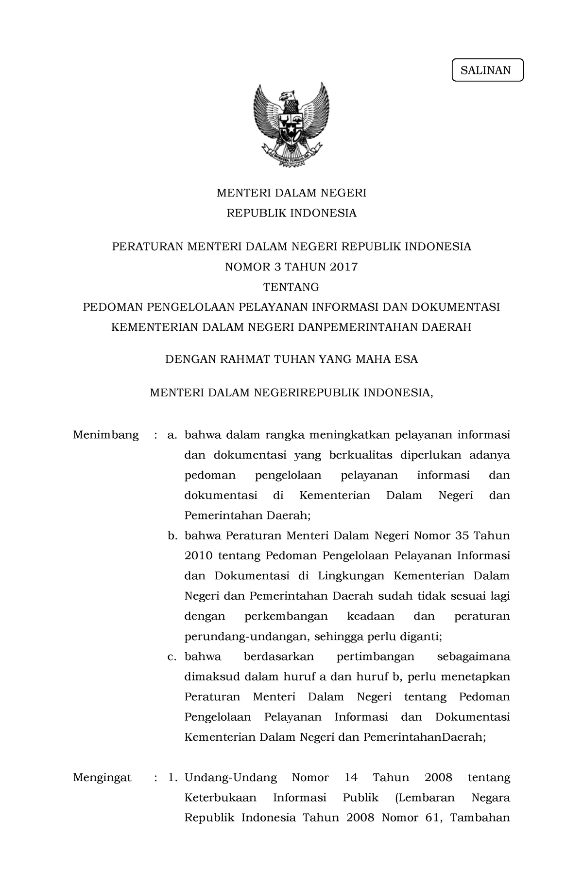 Permendagri No - Peraturan Menteri Dalam Negeri Nomor 3 Tahun 2017 ...