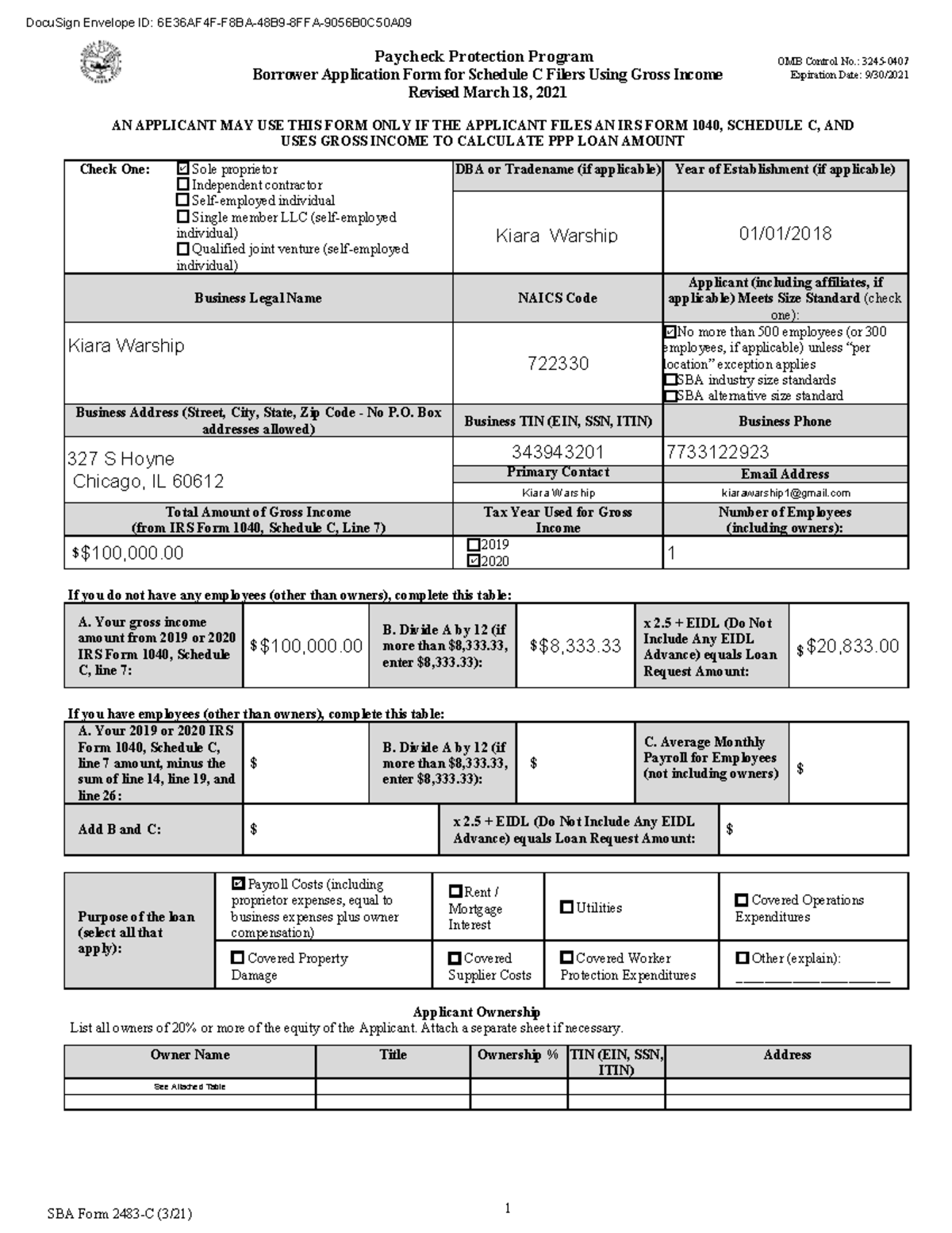 Kiara Ppp Paycheck Protection Program Borrower Application Form For Schedule C Filers Using 8477