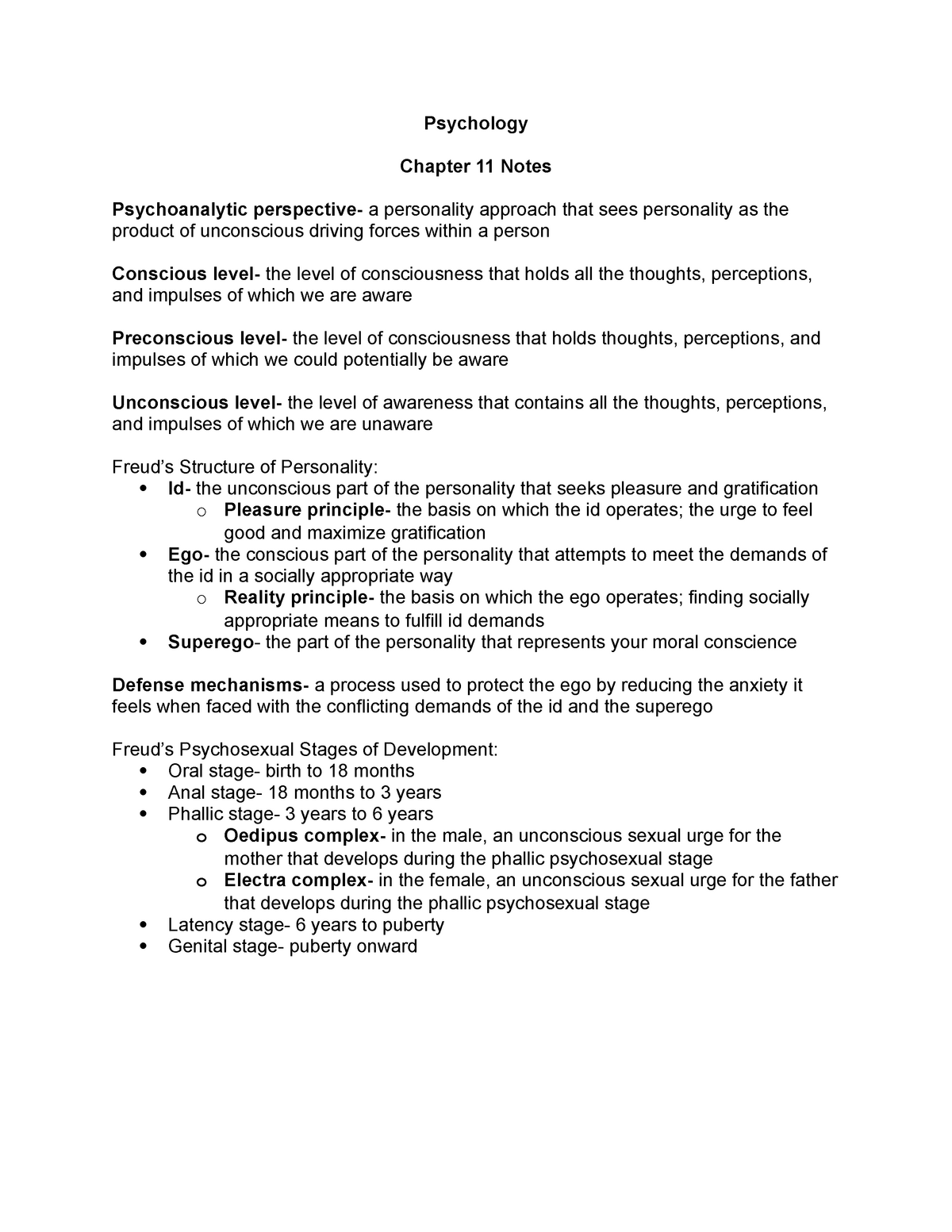 Chapter 11 Notes - Neal - Psychology Chapter 11 Notes Psychoanalytic ...