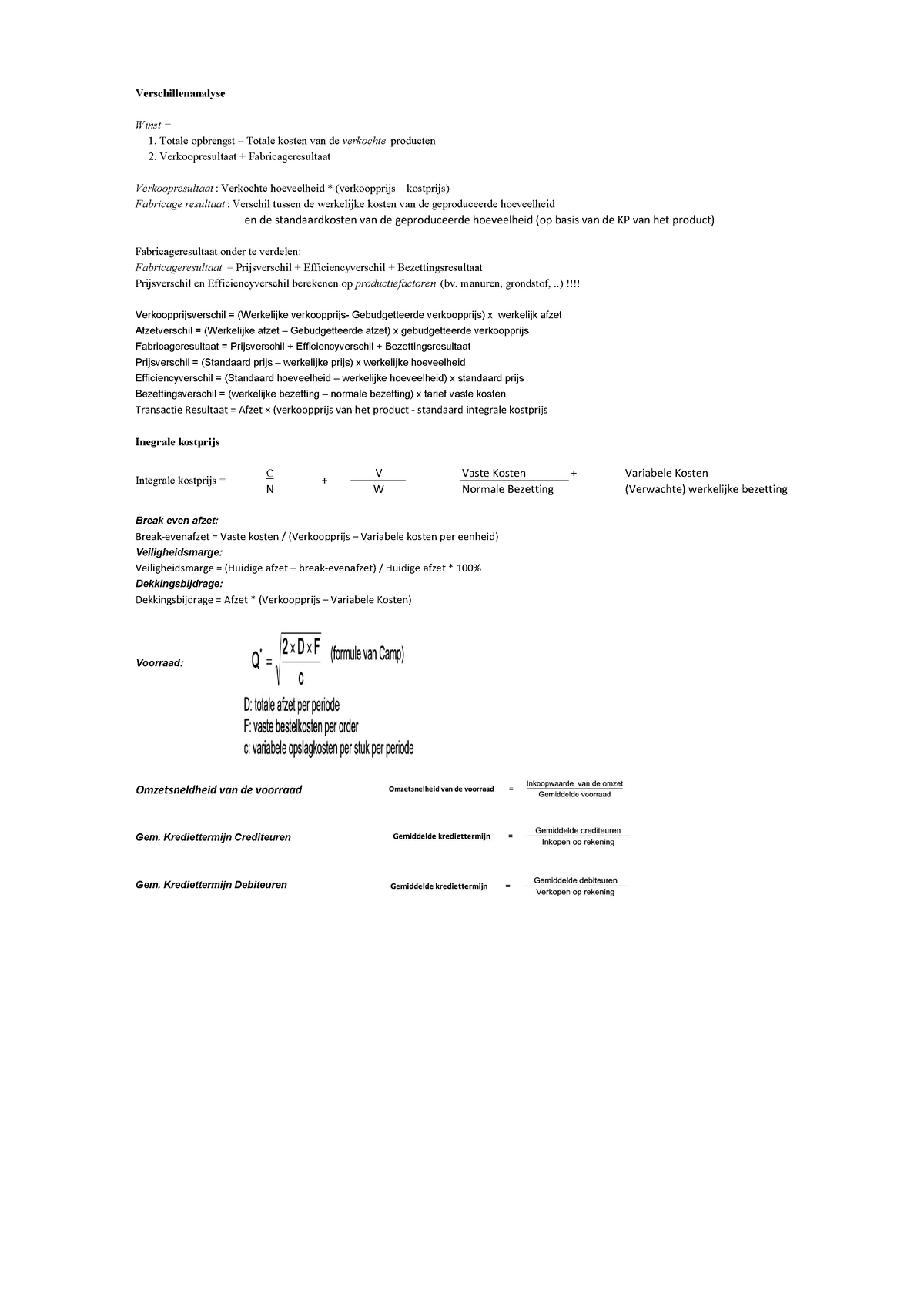 Formuleblad BE - Verschillenanalyse Winst = 1. Totale Opbrengst ...