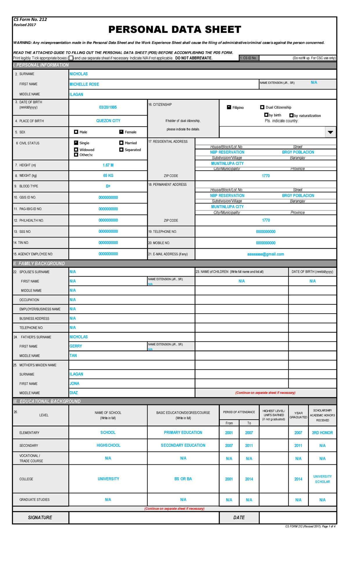 PDS Sample FILE- Employee-1 - Print legibly. Tick appropriate boxes ...