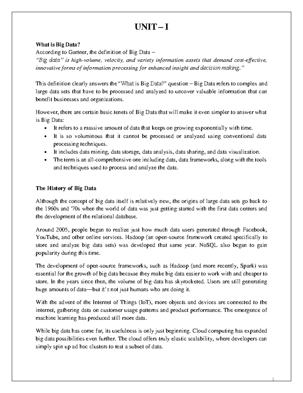Big Data Analytics - Notes - UNIT – I What is Big Data? According to ...