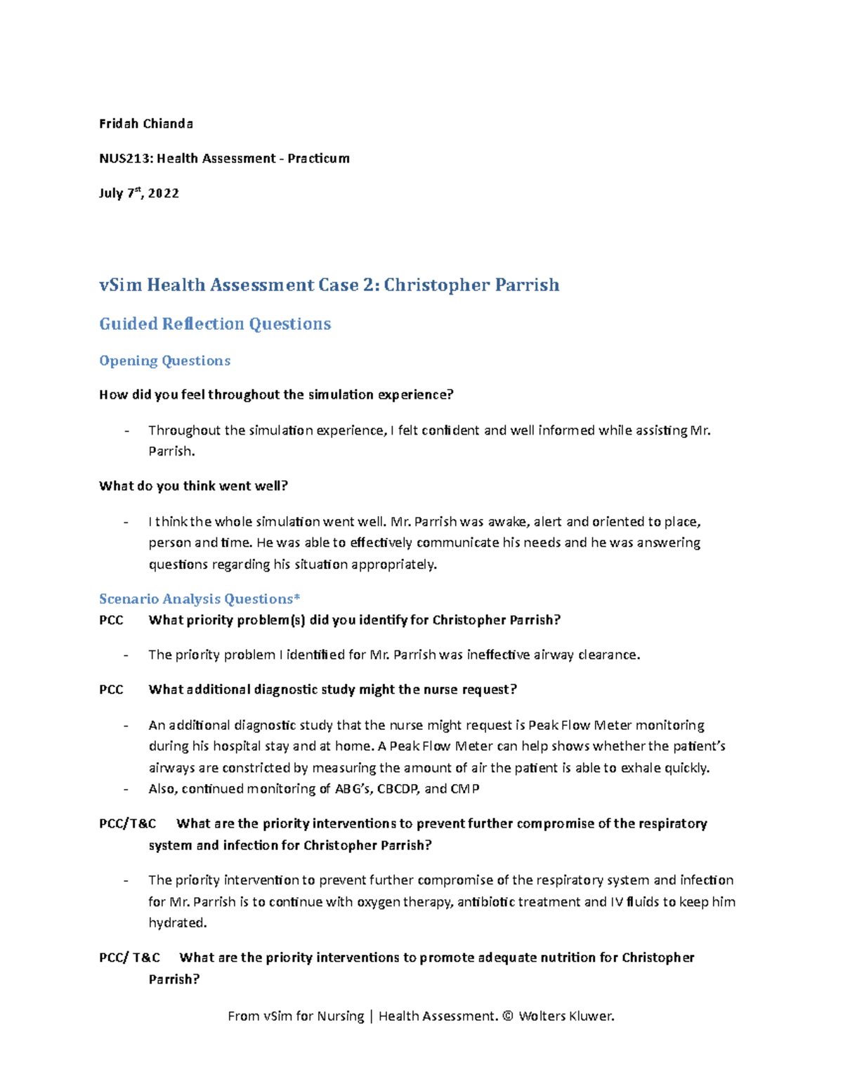 Guided Reflection CP - Fridah Chianda NUS213: Health Assessment ...
