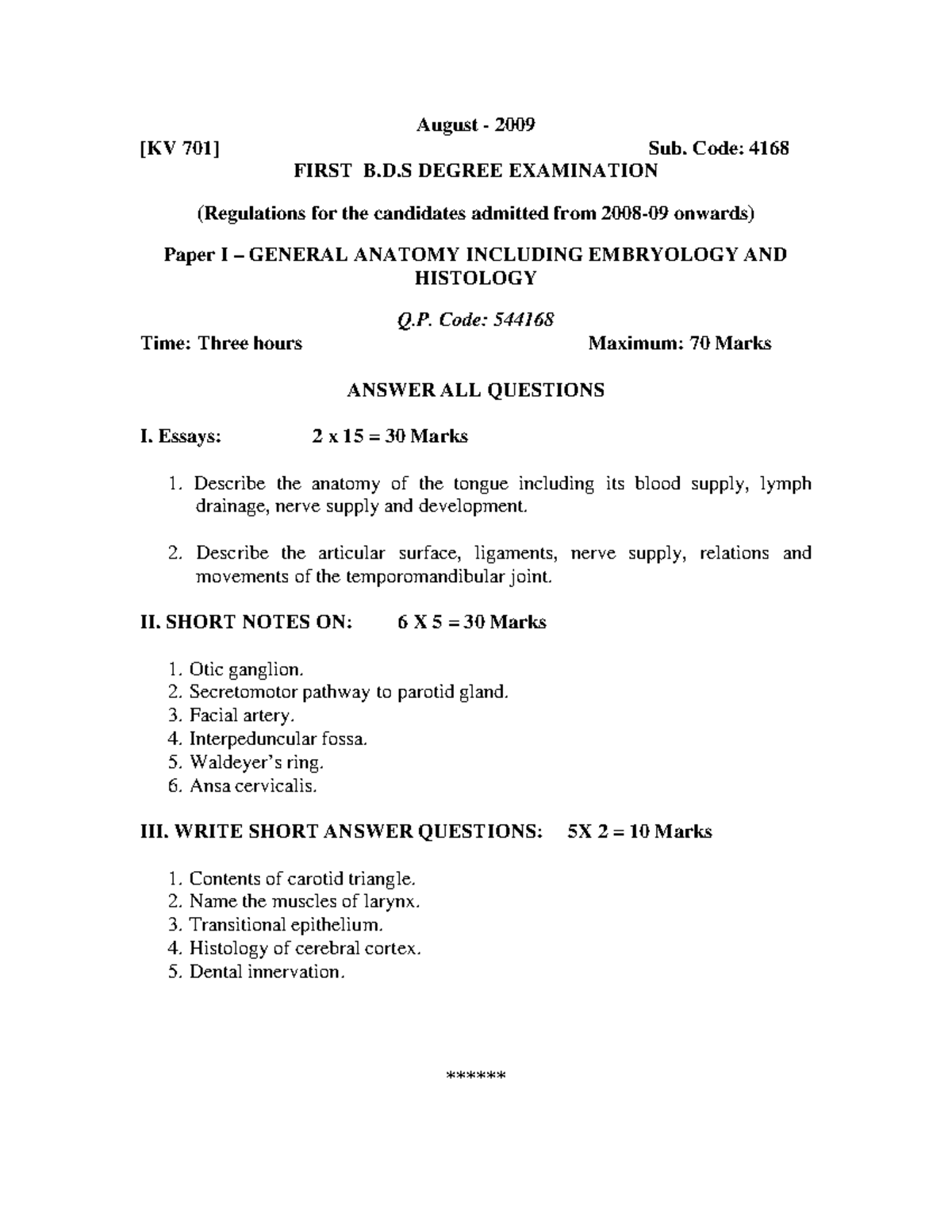 BDS Question Papers . Dr M.G.R. Medical university bds question papers