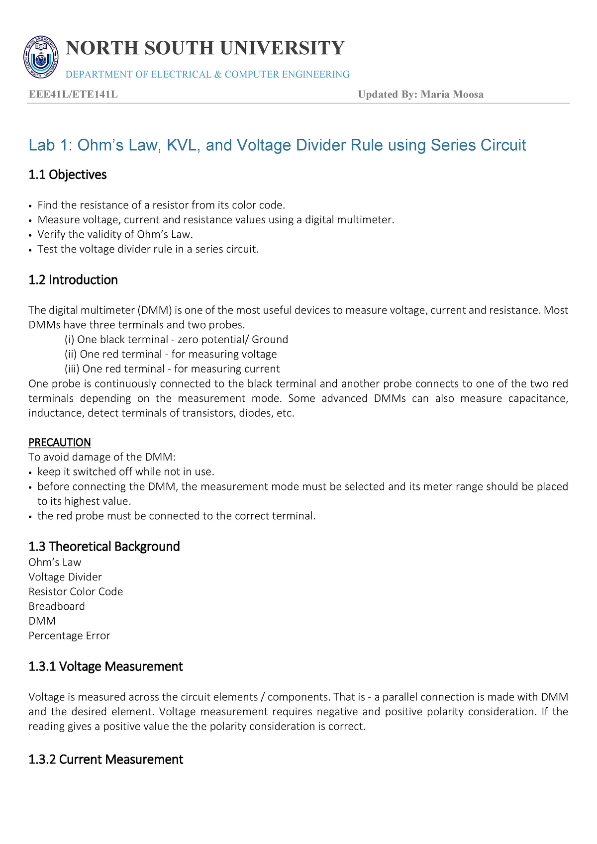 EEE 141 LAB 1 - ... - DEPARTMENT OF ELECTRICAL & COMPUTER ENGINEERING ...