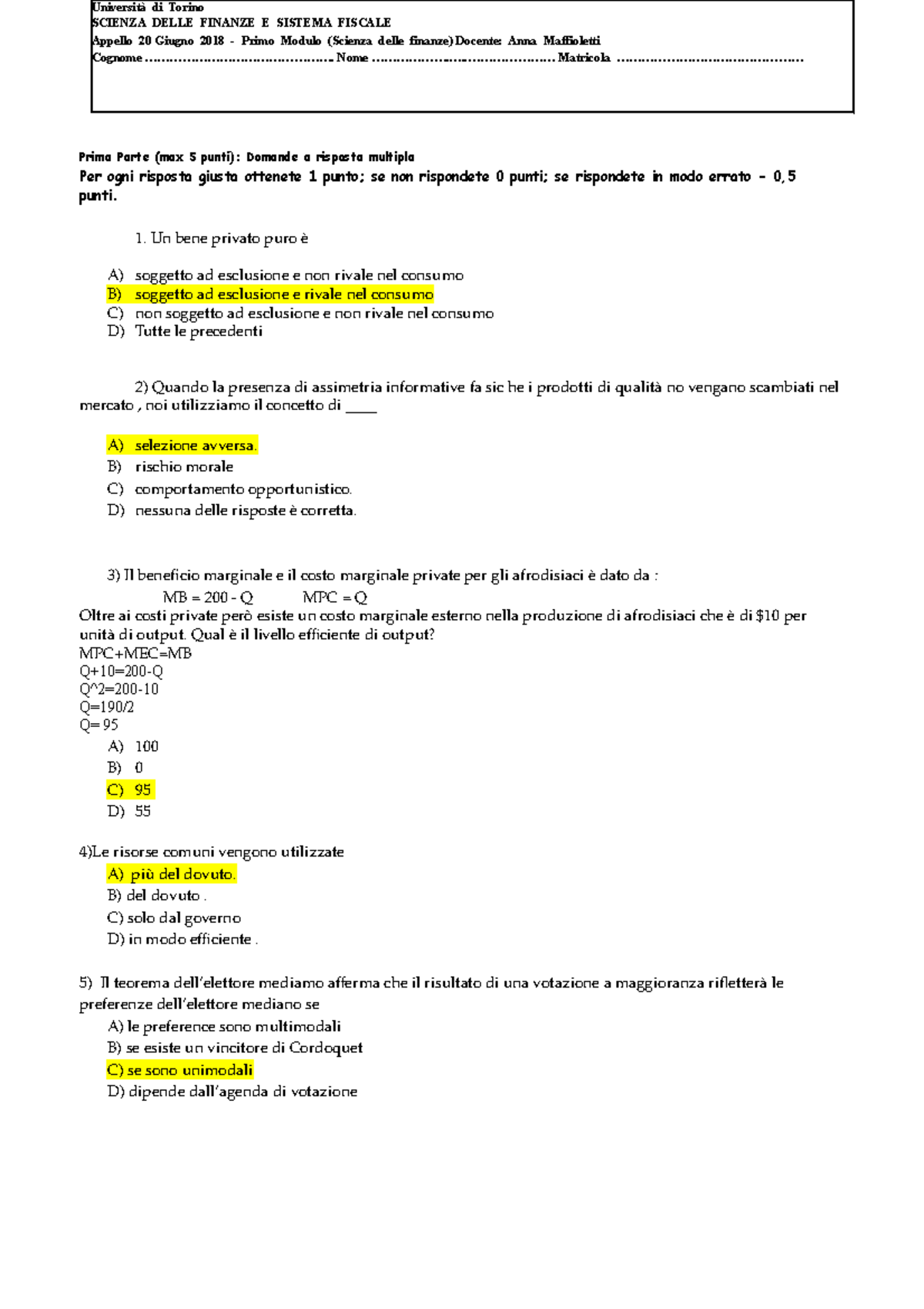 Esame Giugno - Prima Parte (max 5 Punti): Domande A Risposta Multipla ...