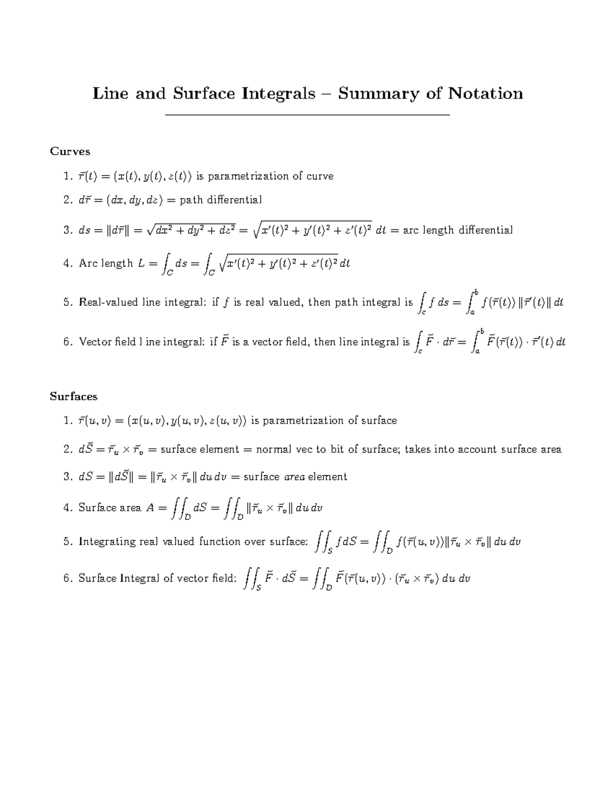 8 line surf int notation - Line and Surface Integrals – Summary of ...