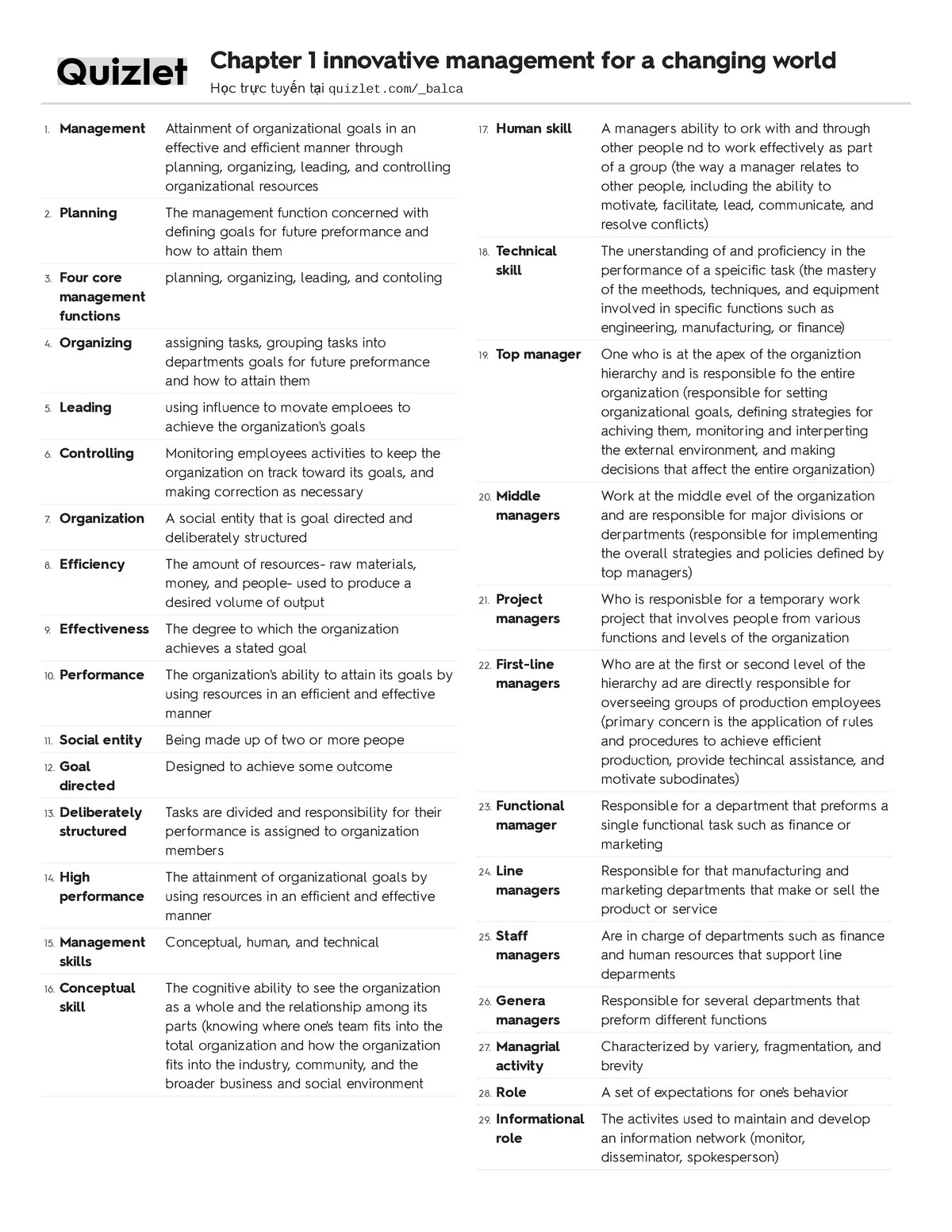 Quizlet 1 - Management Attainment Of Organizational Goals In An 