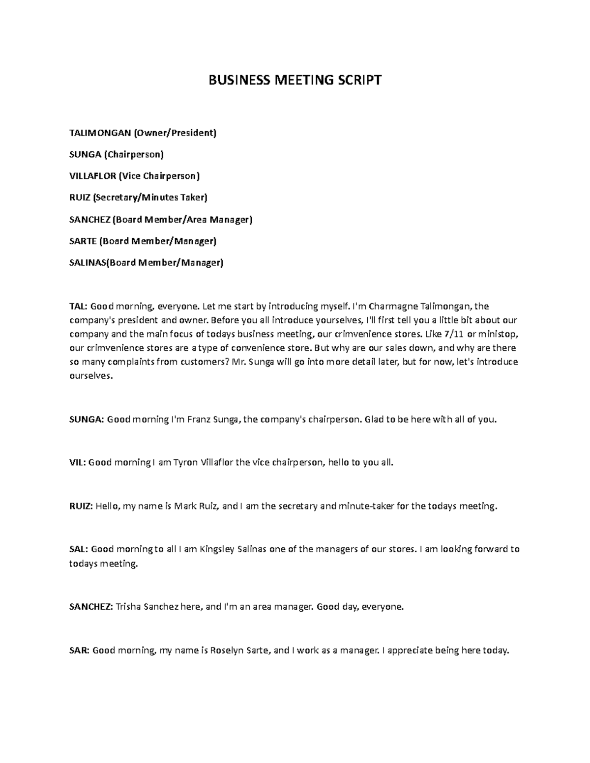 Business Meeting Scripttt - BUSINESS MEETING SCRIPT TALIMONGAN (Owner ...