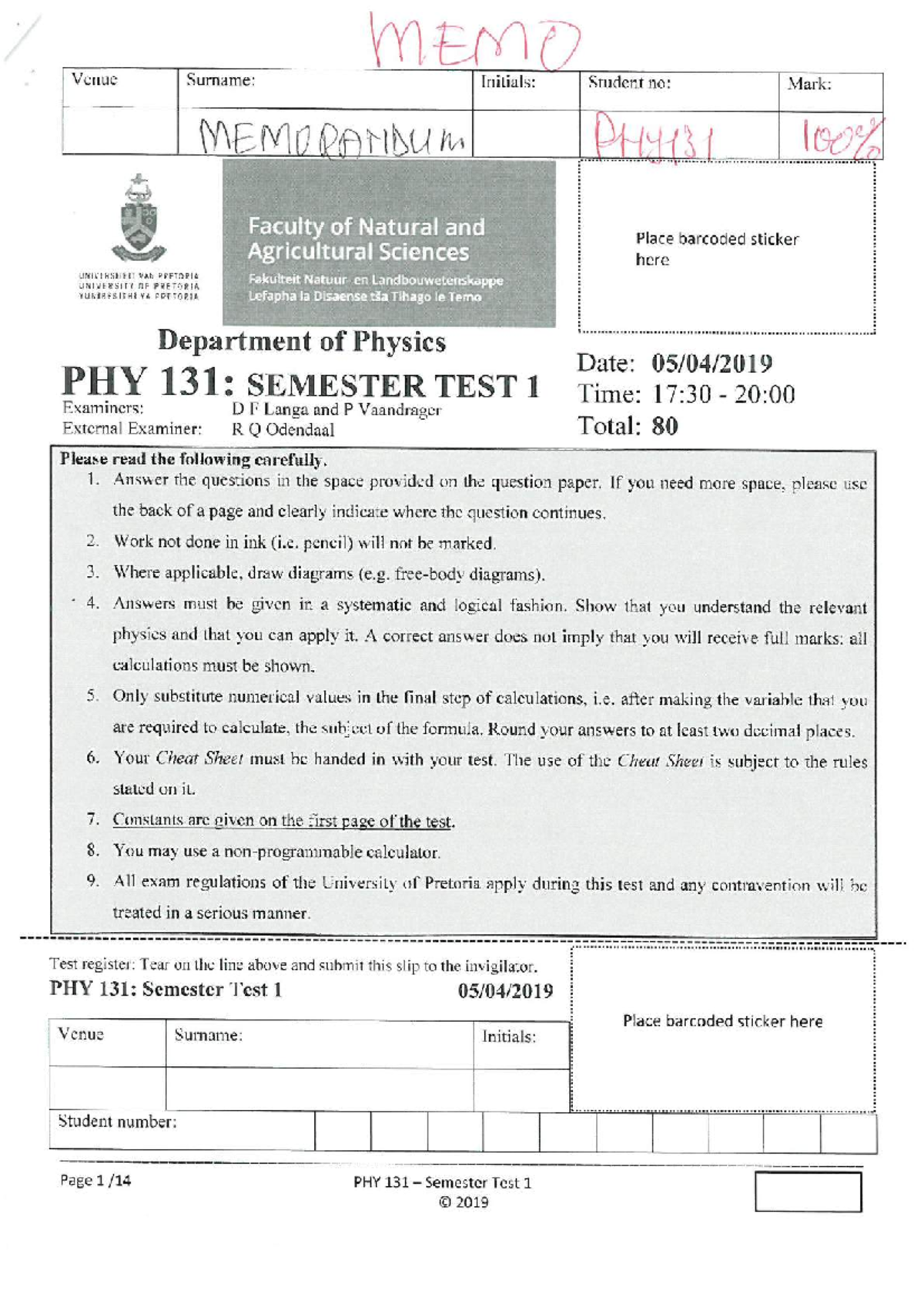 Seventh Star - PHY40 - PHY 131-ST1-19 - Physics Semester Test 1 2019 ...