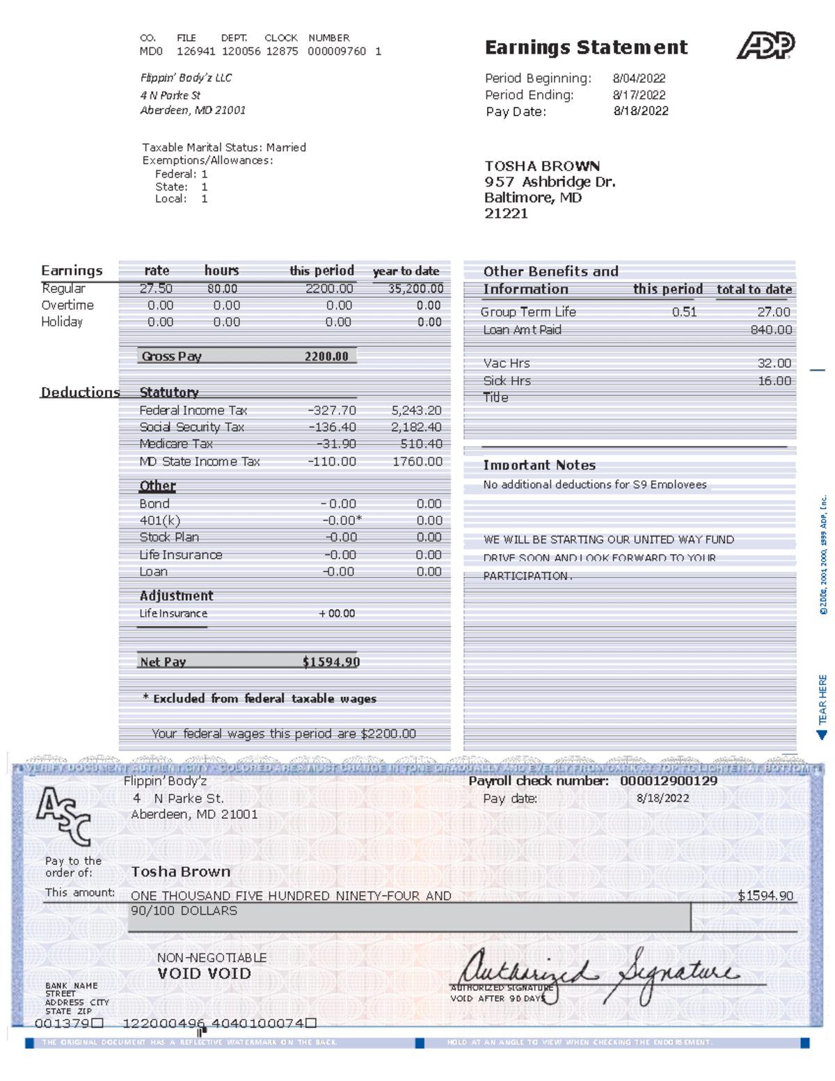 Adp4 - Need a copy of bank statement showing direct deposit - CO. FILE ...