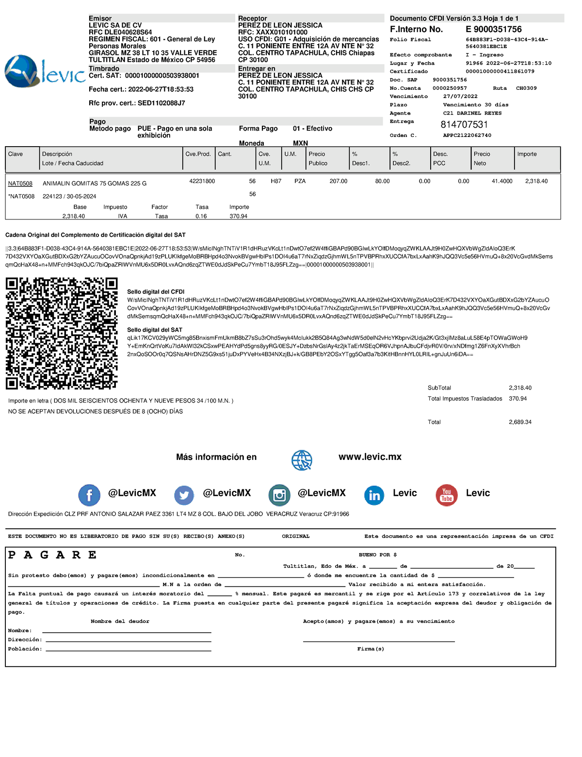 Factura 9000351756 - ghshshsrhfg - Emisor LEVIC SA DE CV RFC DLE040628S