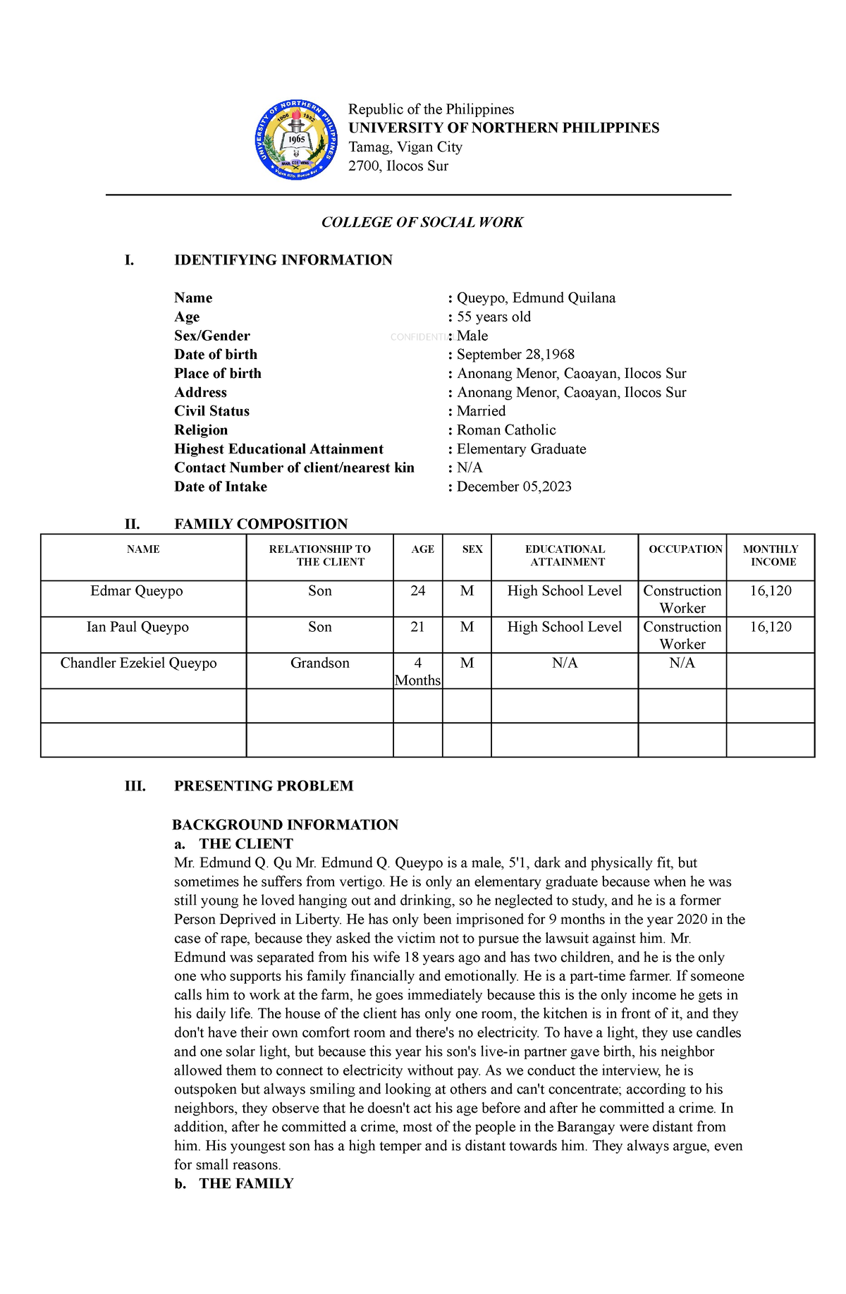 sw 113 case work - CONFIDENTIAL Republic of the Philippines UNIVERSITY ...