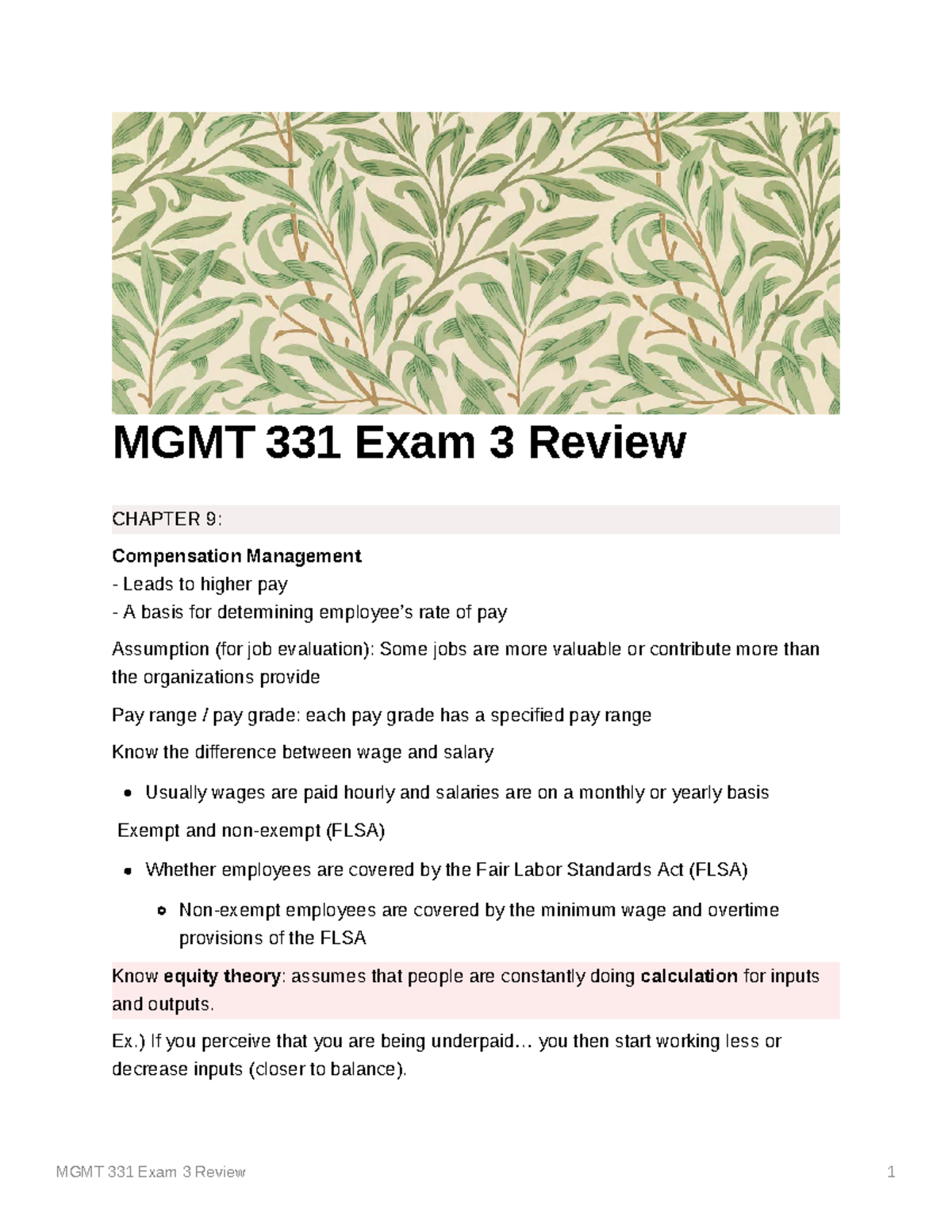 MGMT 331 Exam 3 Review Chapter 9 - MGMT 331 Exam 3 Review CHAPTER 9 ...
