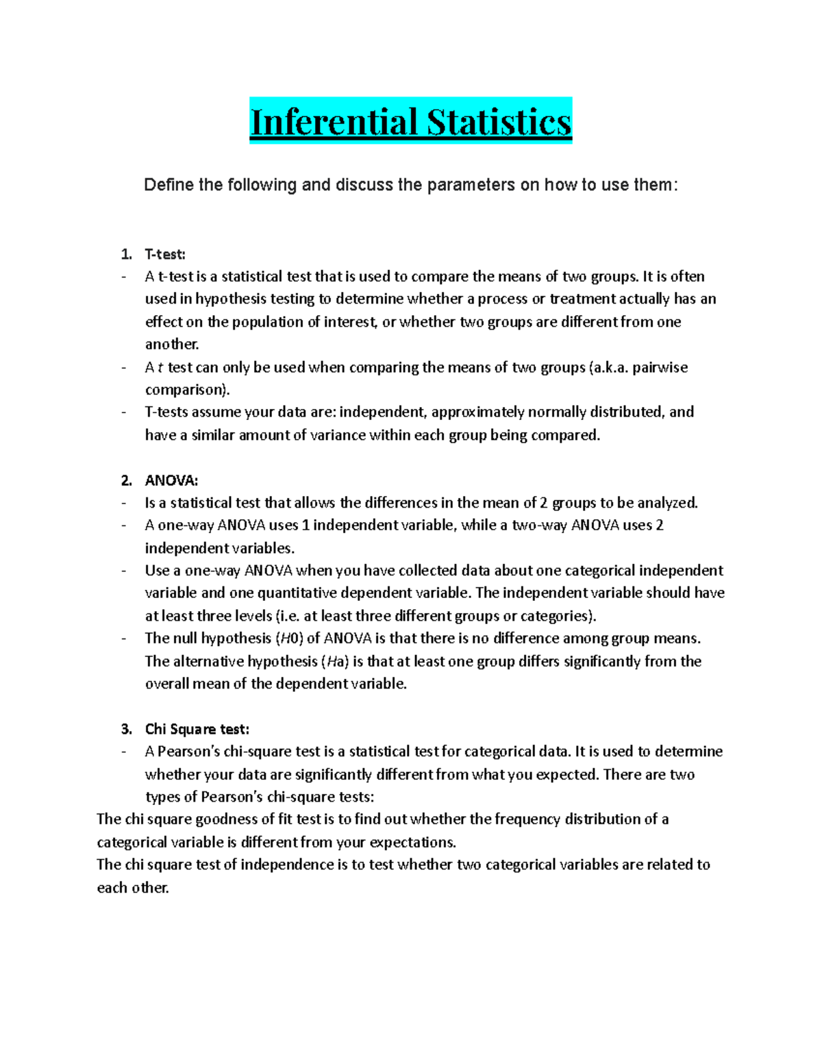 Inferential Statistics - Inferential Statistics Define the following ...
