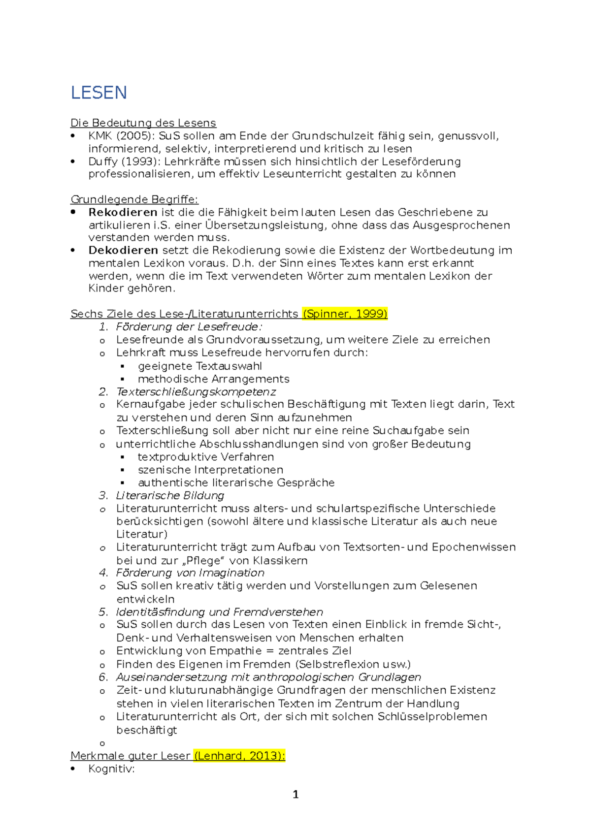 Zusammenfassung Thema Lesen, Lesekompetenz usw. Examen - LESEN Die ...