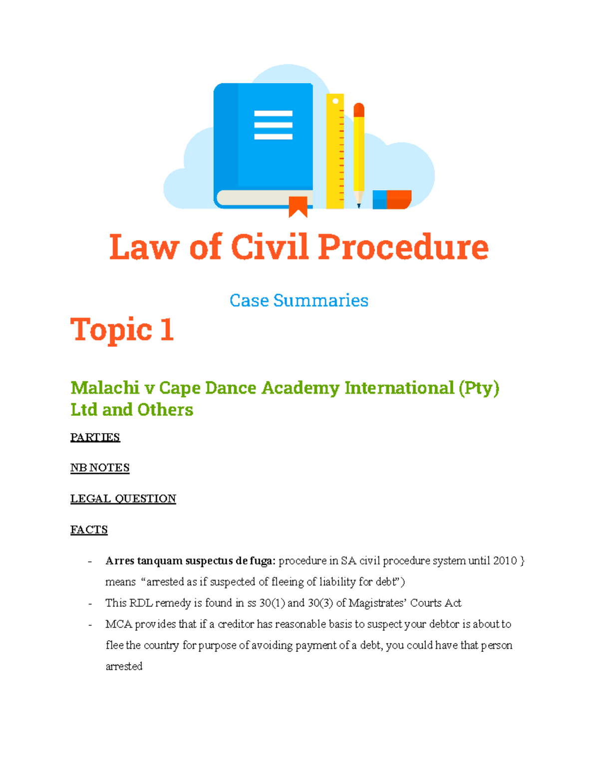 Civil Proc Case Summaries Law of Civil Procedure Case Summaries Topic